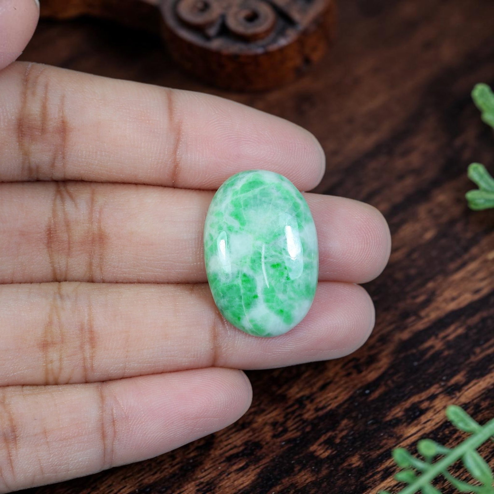 15.83ct Natural Burmese Type A Jadeite Jade Cabochon, 81EB: Crafted from untreated natural Burmese Type A jadeite jade, this oval cabochon features polished domed surface paired with flat base tailored for ring and pendant mounting. Opaque milky white matrix i