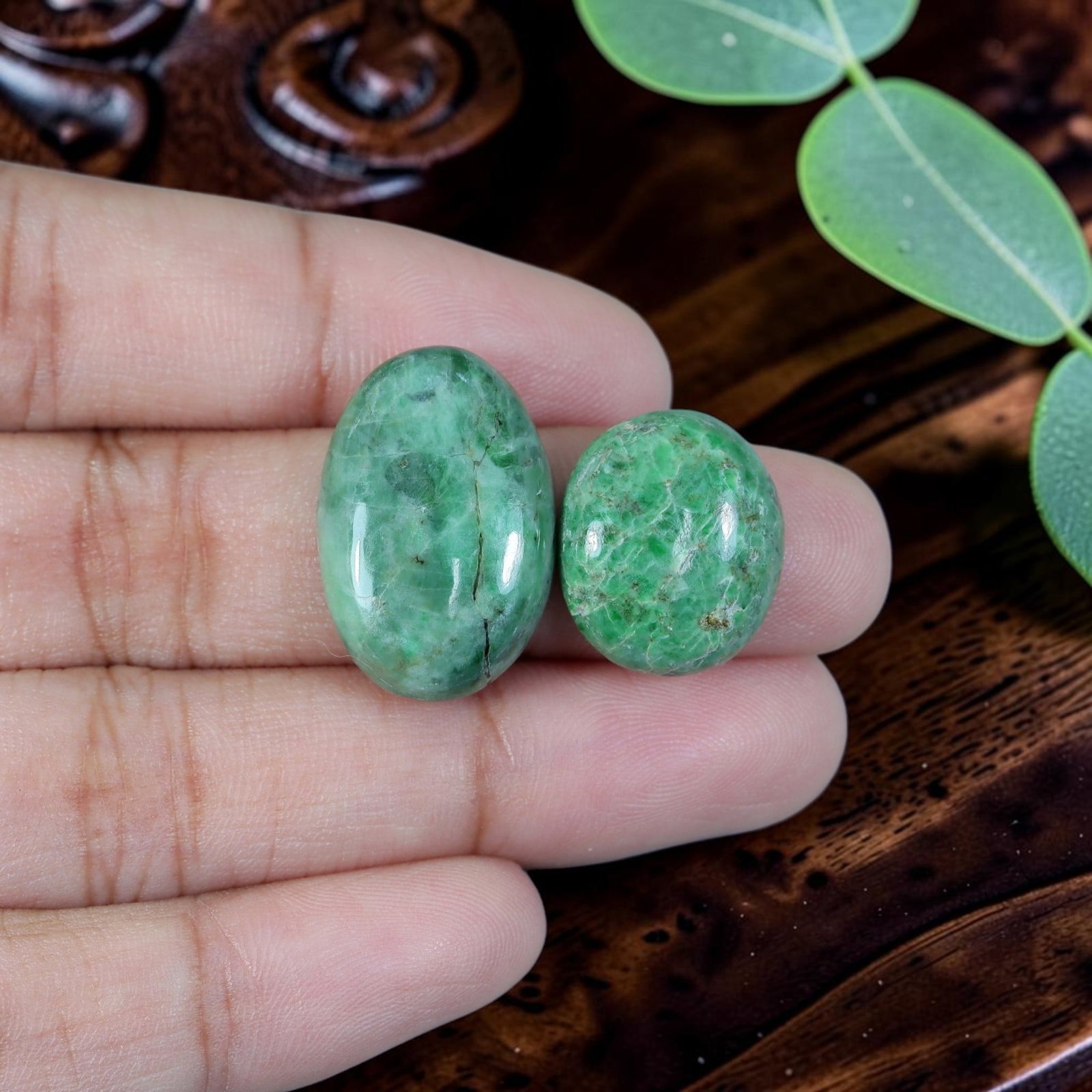 20.42ct Natural Burmese Type A Jadeite Jade Cabochon Pair, 14EC: Cut from all-natural untreated Burmese Type A jadeite jade, this matched cabochon pair features smooth domed polish and flat bases crafted specifically for custom earring setting. The two cabochons di