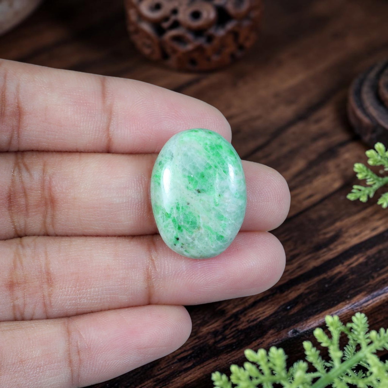 14.23ct Natural Burmese Type A Jadeite Jade Cabochon, 83EB: Crafted from untreated natural Burmese Type A jadeite jade, this compact oval cabochon features glossy domed polish with flat base made for ring or petite pendant setting. Pale milky white host matrix