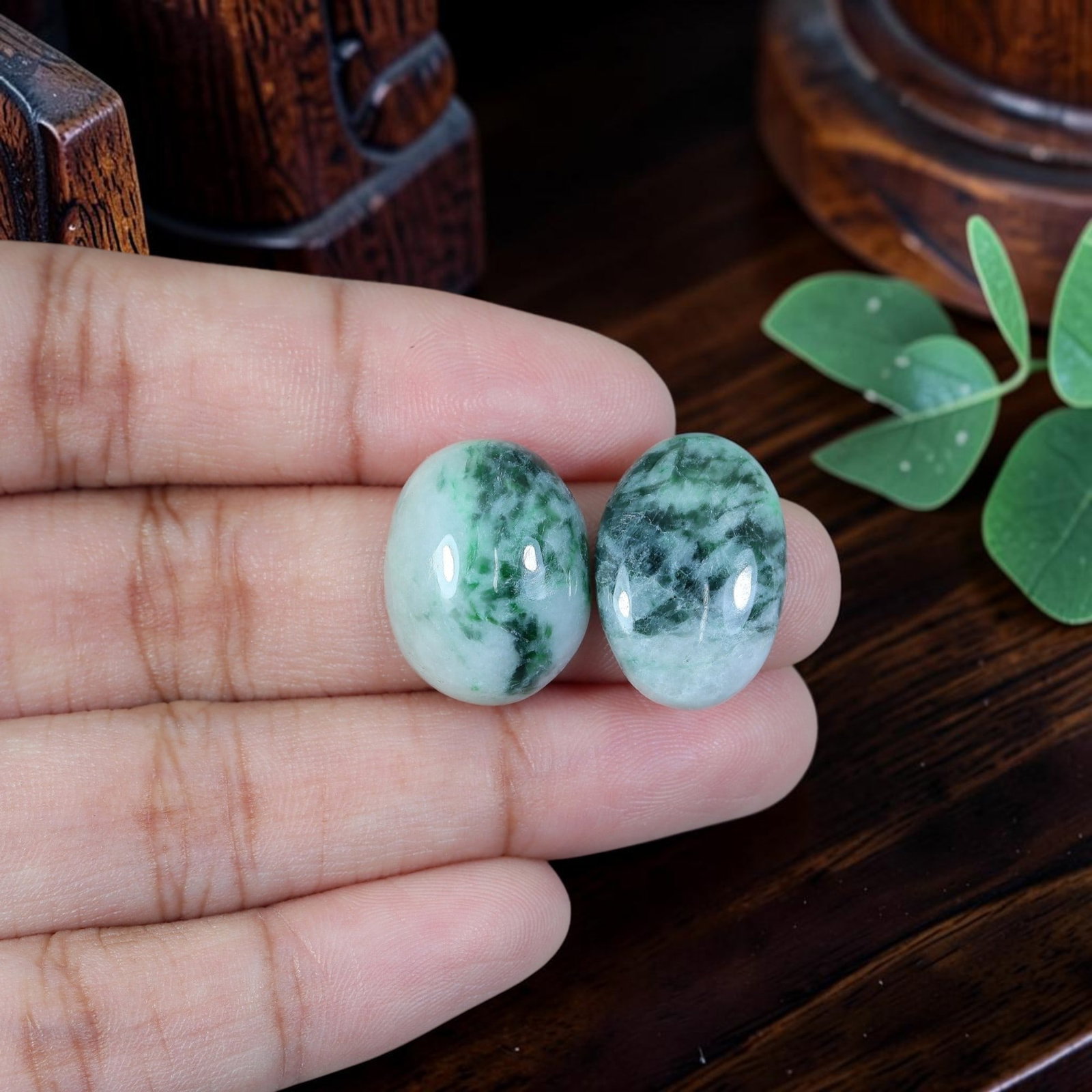19.71ct Natural Burmese Type A Jadeite Jade Cabochon Pair, 70EB: Crafted from untreated natural Burmese Type A jadeite jade, this matched oval cabochon pair is polished with smooth domed surfaces and slim flat bases ideal for custom earring setting. Milky pale whit