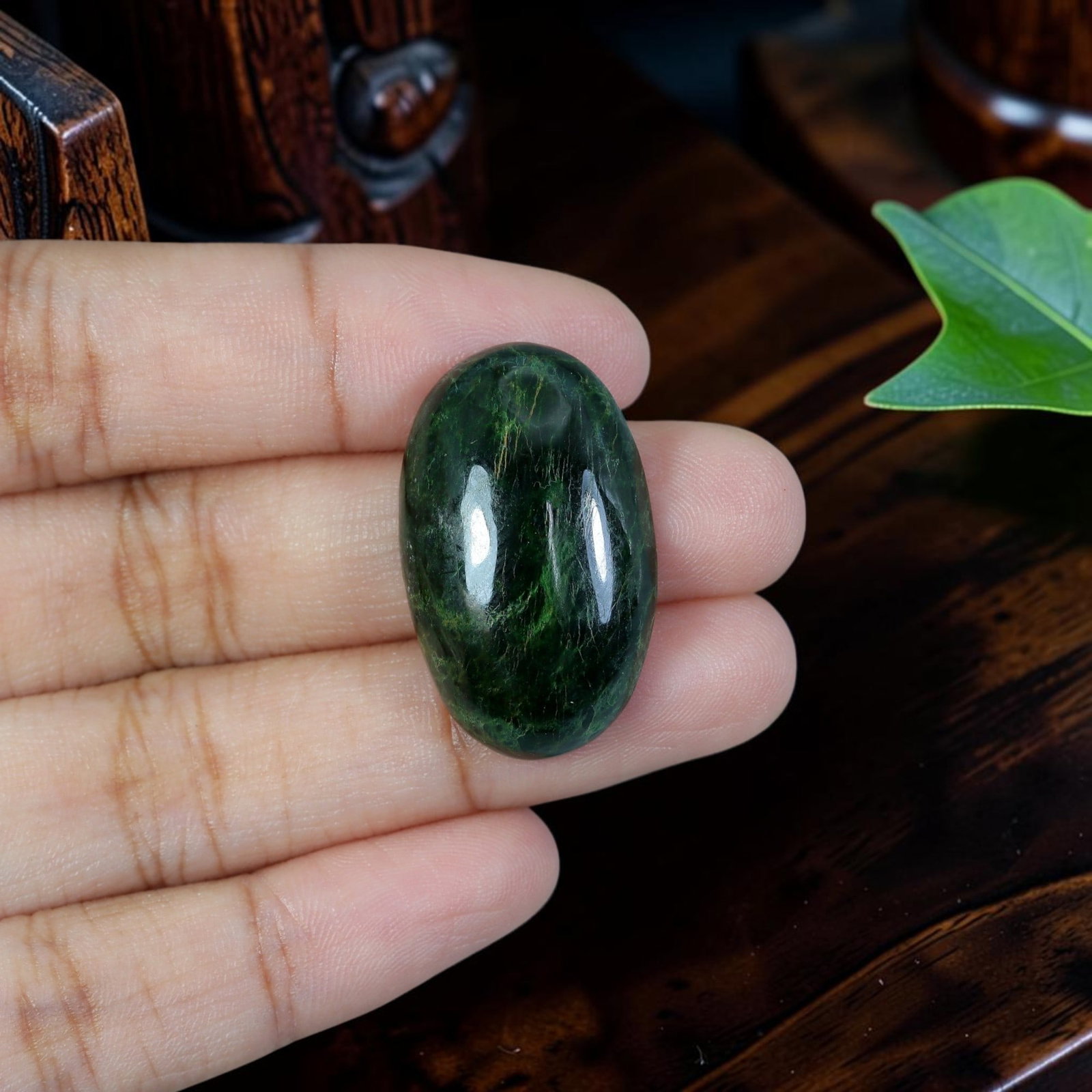 31.42ct Natural Burmese Type A Jadeite Jade Cabochon, 96EB: Polished from untreated natural Burmese Type A jadeite jade, this stout high-domed oval cabochon features thick rounded dome and flat base for bespoke pendant or heavy ring setting. Dense deep moss gr