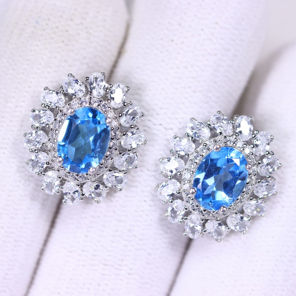 Earrings Swiss Blue Topaz & Simulated CZ - 925 Sterling Silver, 125B (1 of 2)