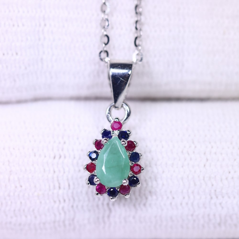 18inches Necklace Emerald Sapphire & Ruby - 925 Sterling Silver , 914B (1 of 3)