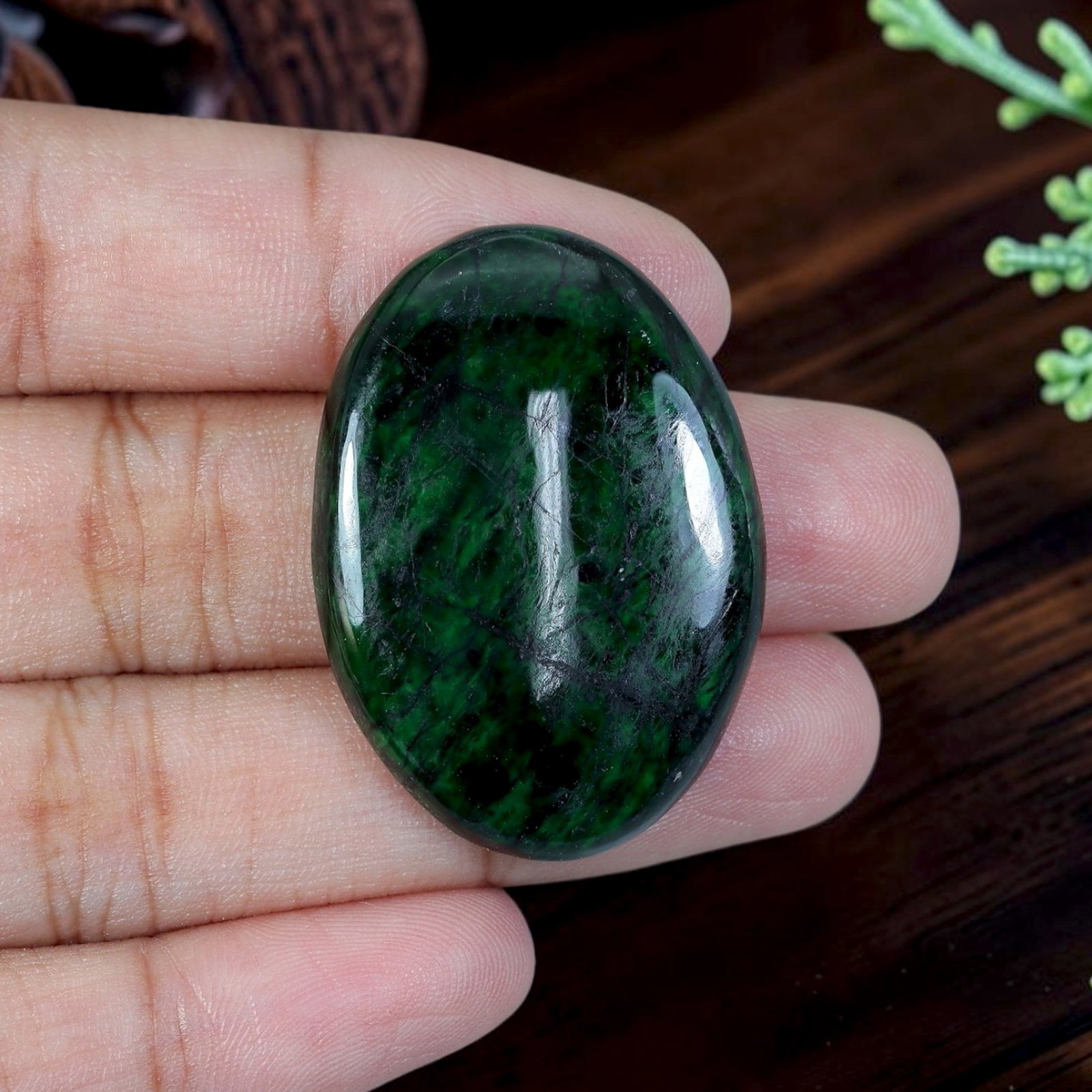36.50ct Natural Burmese Type A Jadeite Jade Cabochon, 97EB: Crafted from untreated natural Burmese Type A jadeite jade, this large thick domed oval cabochon boasts high-gloss polished dome paired with flat base ideal for bespoke statement pendant crafting. Dee