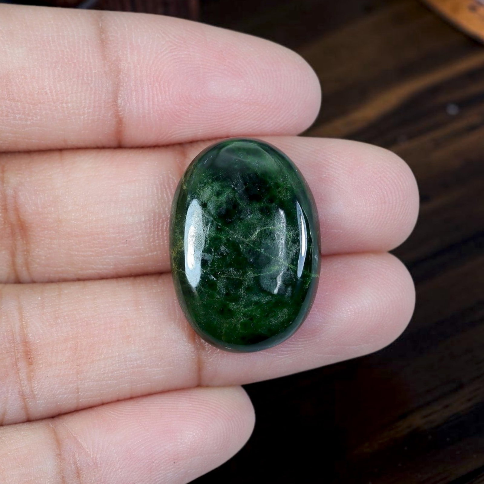 15.85ct Natural Burmese Type A Jadeite Jade Cabochon, 8EC: Polished from untreated natural Burmese Type A jadeite jade, this compact high-domed oval cabochon features glossy curved dome and flat base well-suited for bespoke high-end ring setting. Translucent 