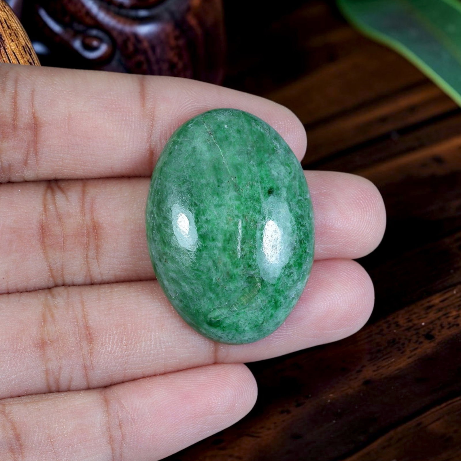 40.57ct Natural Burmese Type A Jadeite Jade Cabochon, 73EB: Polished from untreated natural Burmese Type A jadeite jade, this oversized high-domed oval cabochon features full glossy dome surface and thick flat base for heavy statement pendant mounting. Even sa