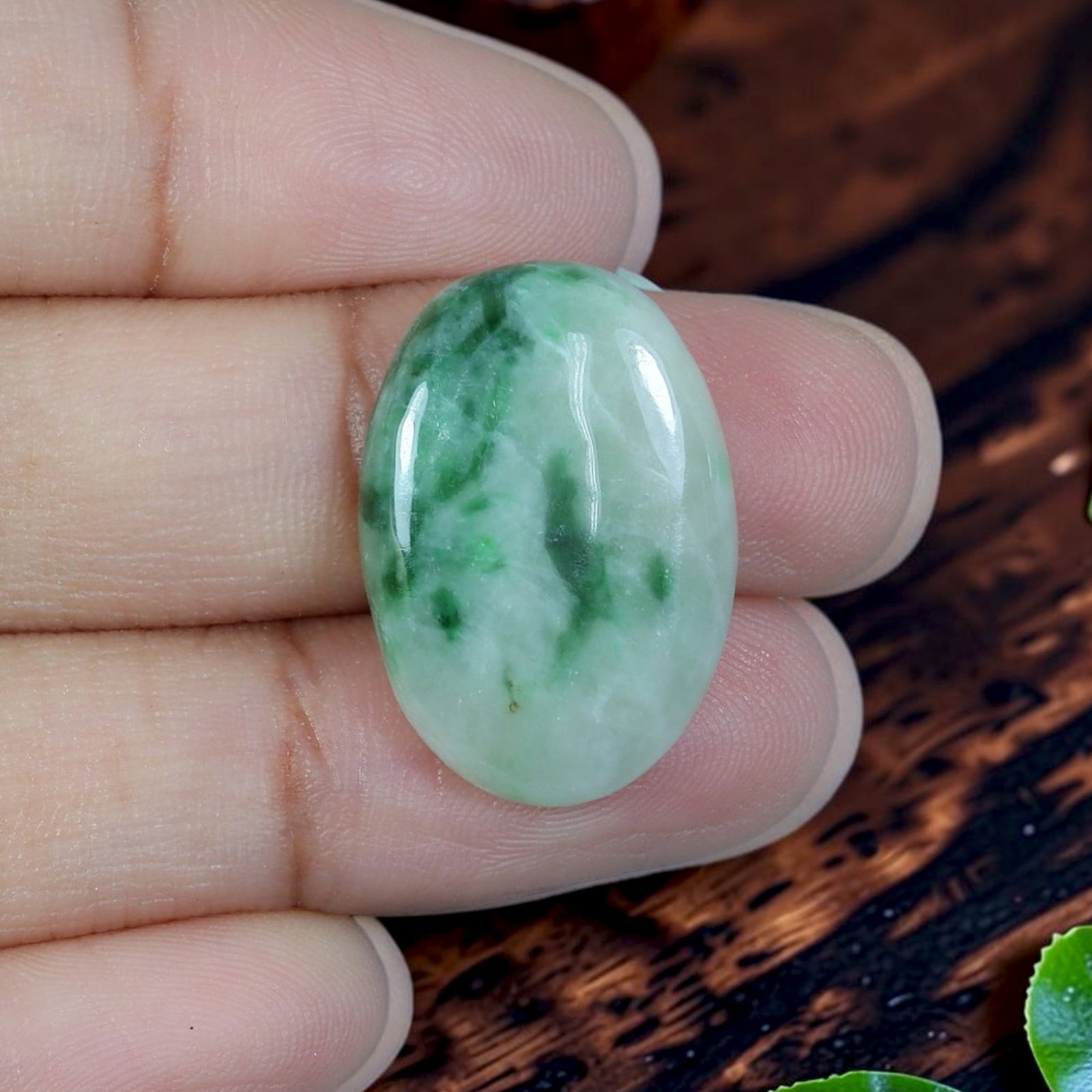 14.00ct Natural Burmese Type A Jadeite Jade Cabochon, 79EB: Cut from untreated natural Burmese Type A jadeite jade, this compact oval cabochon features refined glossy lapidary polish with domed upper face and slim flat base optimized for ring setting. Pale mil