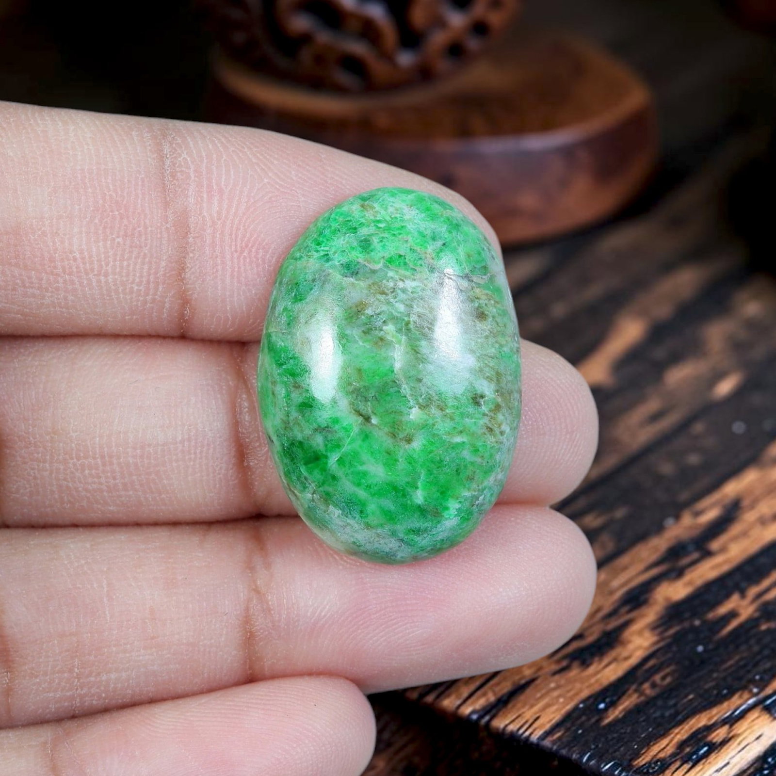 19.02ct Natural Burmese Type A Jadeite Jade Cabochon, 86EB: Crafted from untreated natural Burmese Type A jadeite jade, this oval cabochon features expert high-gloss polishing with rounded domed top and flat base designed for jewelry setting. The stone's surfa