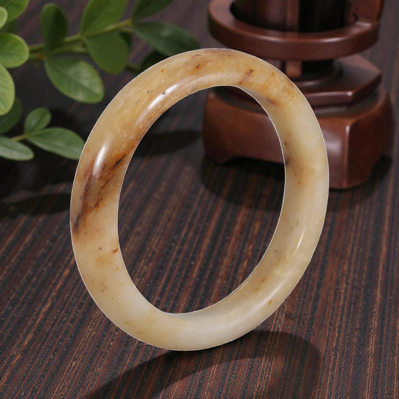 Natural Burmese Type A Warm Honey Jadeite Bangle - Earthy Amber Streak Bracelet, 55EA (1 of 3)