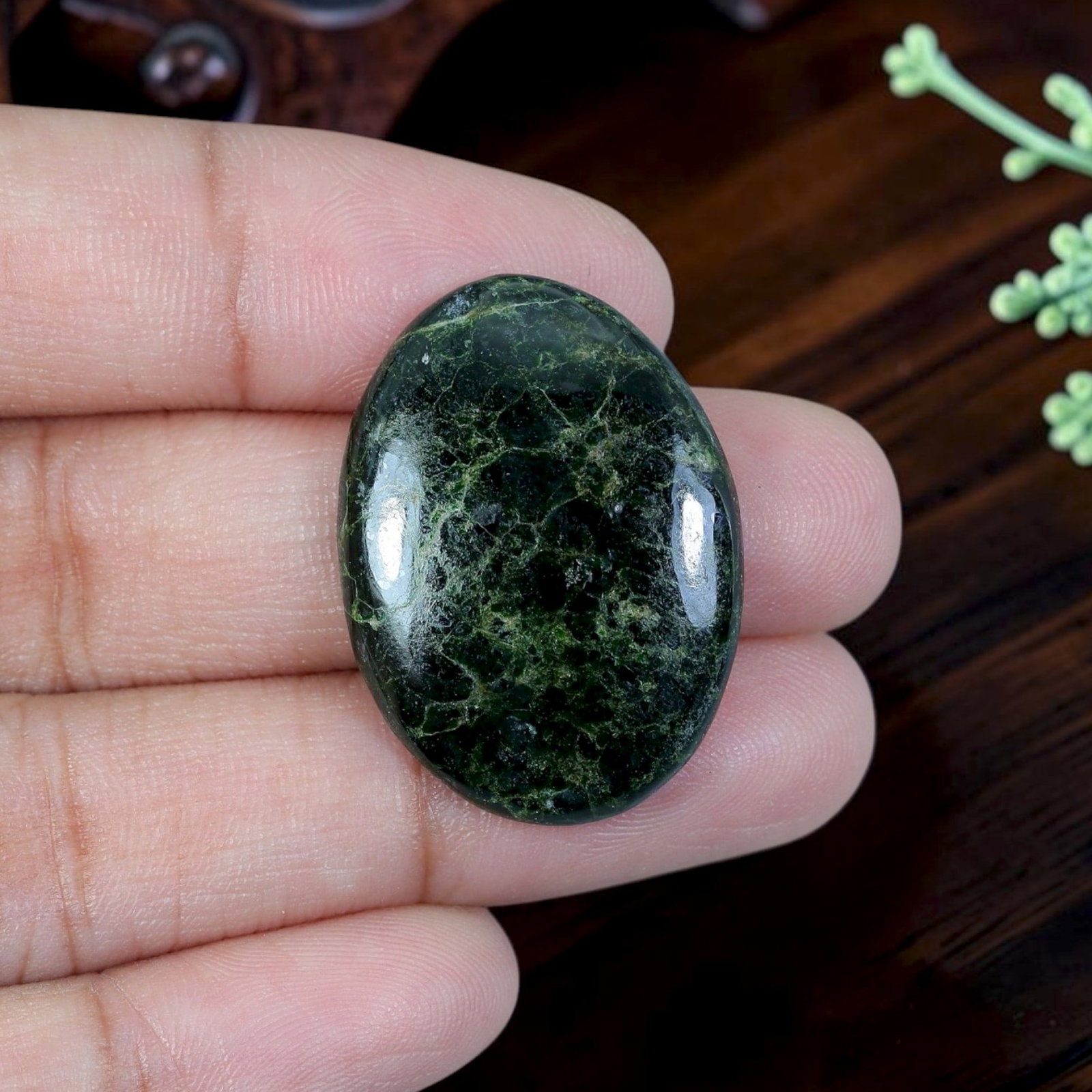 19.11ct Natural Burmese Type A Jadeite Jade Cabochon, 6EC: Polished from untreated natural Burmese Type A jadeite jade, this thick domed oval cabochon features glossy polished dome and flat base applicable for large ring or vintage pendant setting. Deep dark 