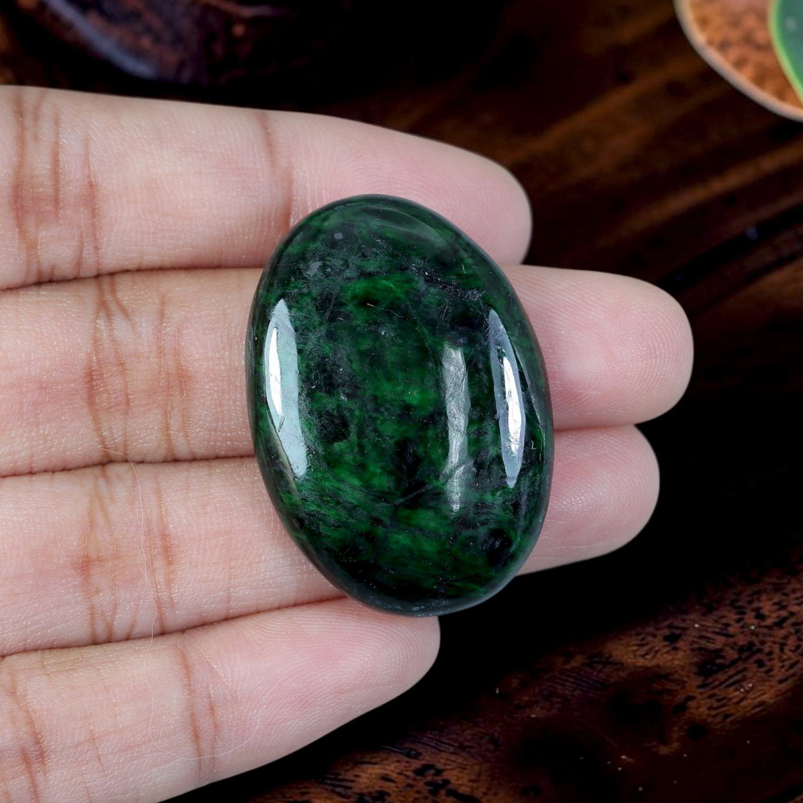 35.36ct Natural Burmese Type A Jadeite Jade Cabochon, 100EB: Polished from untreated natural Burmese Type A jadeite jade, this large plump domed oval cabochon features bright glossy dome surface and flat base crafted for luxury statement pendant mounting. Deep 