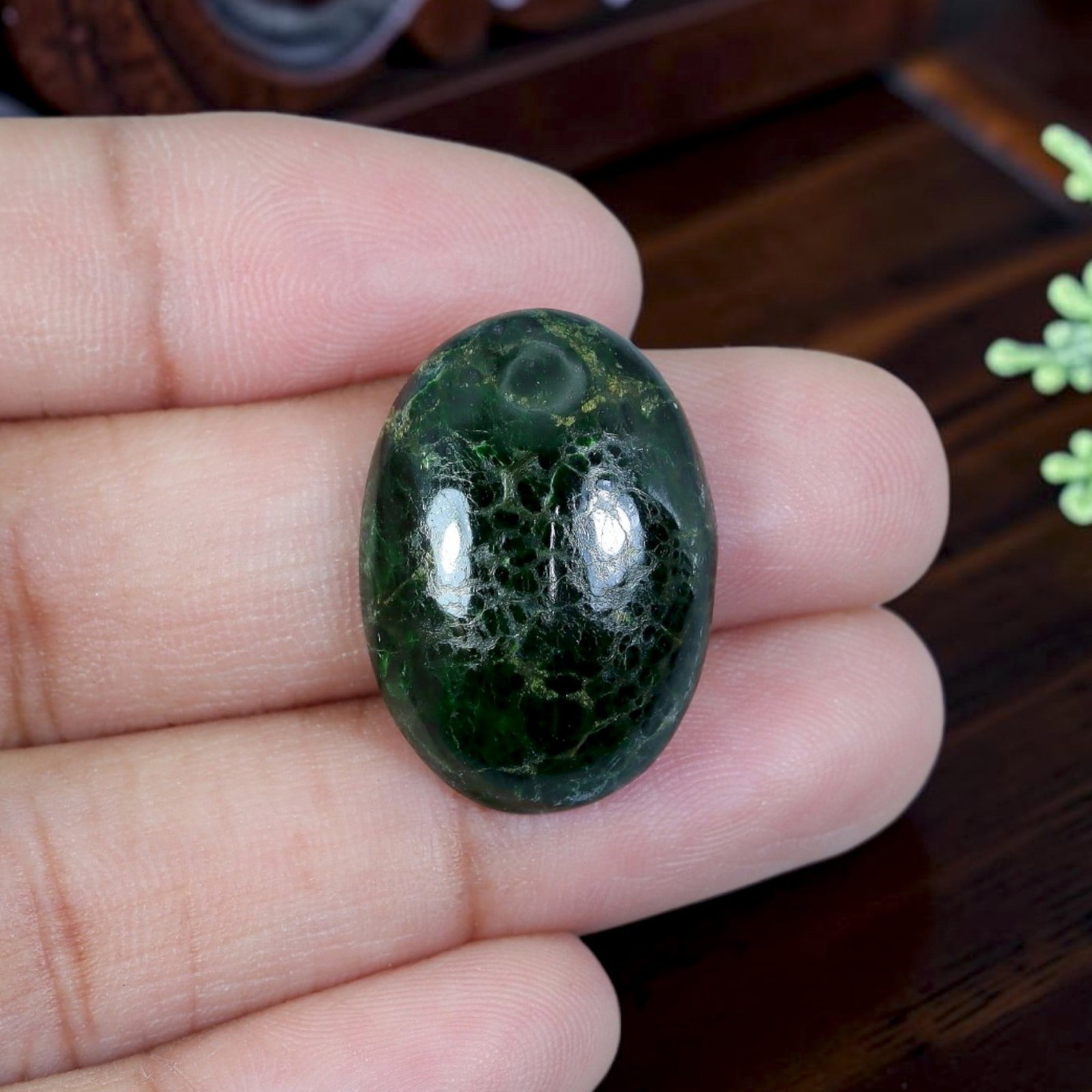 14.30ct Natural Burmese Type A Jadeite Jade Cabochon, 11EC: Polished from untreated natural Burmese Type A jadeite jade, this thick high-dome oval cabochon features glossy curved surface and flat base ideal for custom ring setting. Rich deep emerald green base