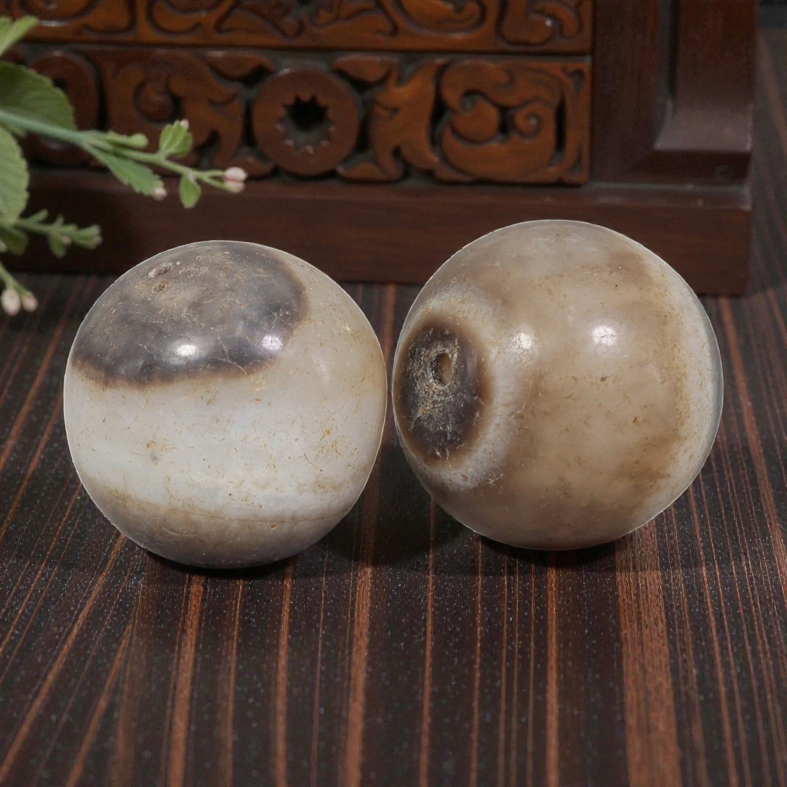 Antique Tibetan Agate Bead Pair - Banded Guru Dzi Beads, 62EB: These paired beads are crafted from natural banded agate, exhibiting distinct tonal variations and natural patina consistent with antique use. The surfaces display fine cracking, earthy discoloration,