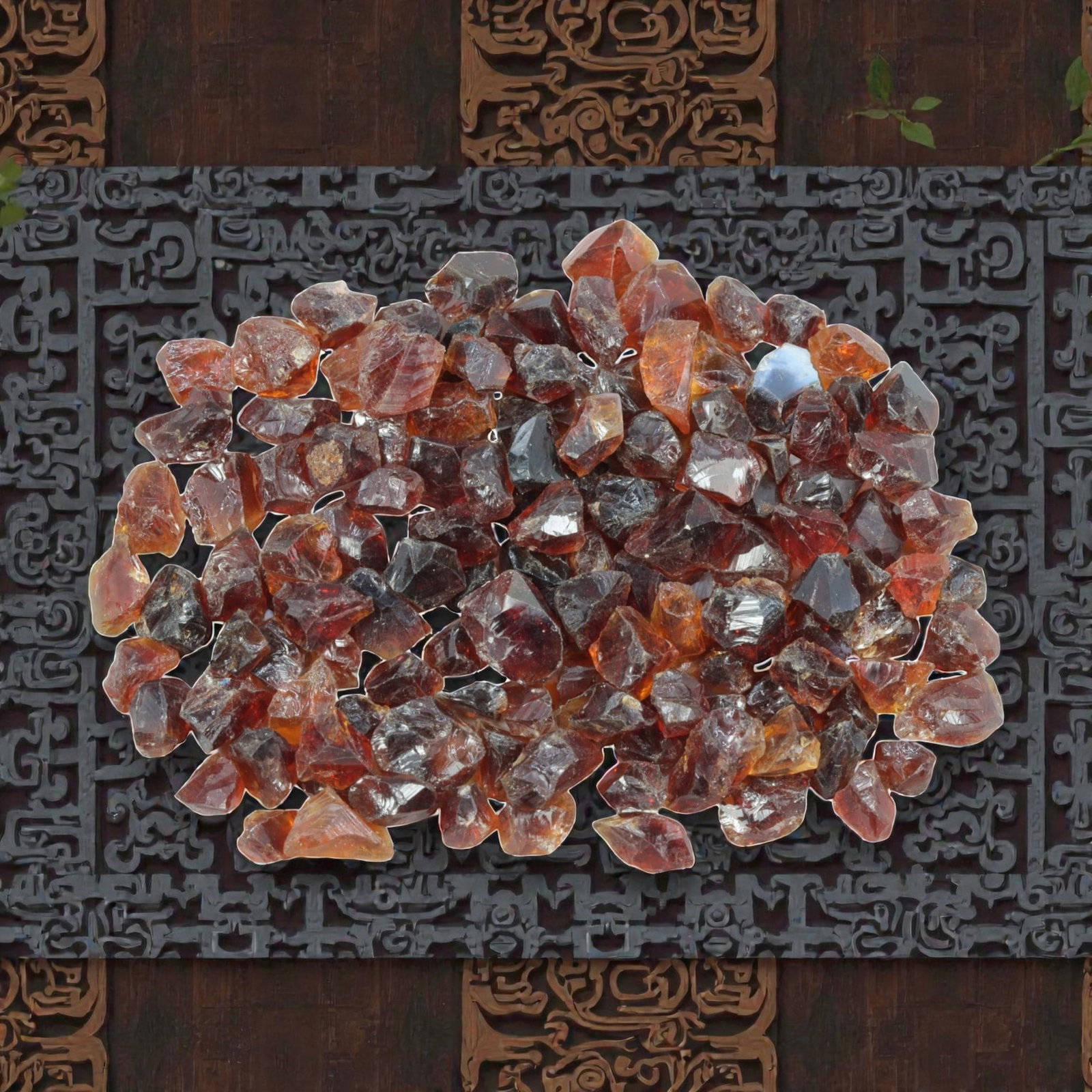 129.02 Carats Natural Garnet Rough Parcel, 41XE: This substantial parcel of natural garnet rough showcases a rich, warm spectrum of hues, from deep reddish-brown and burgundy to vibrant amber and honey-orange tones. The stones are in their raw, crys