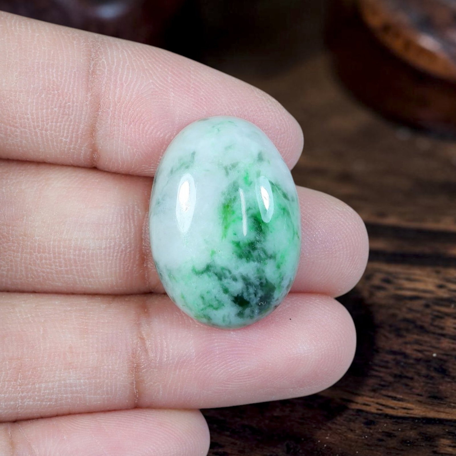 20.66ct Natural Burmese Type A Jadeite Jade Cabochon, 88EB: Crafted from untreated natural Burmese Type A jadeite jade, this polished oval cabochon features a smoothly domed upper face and flat base designed for pendant or ring mounting. Its milky opaque white