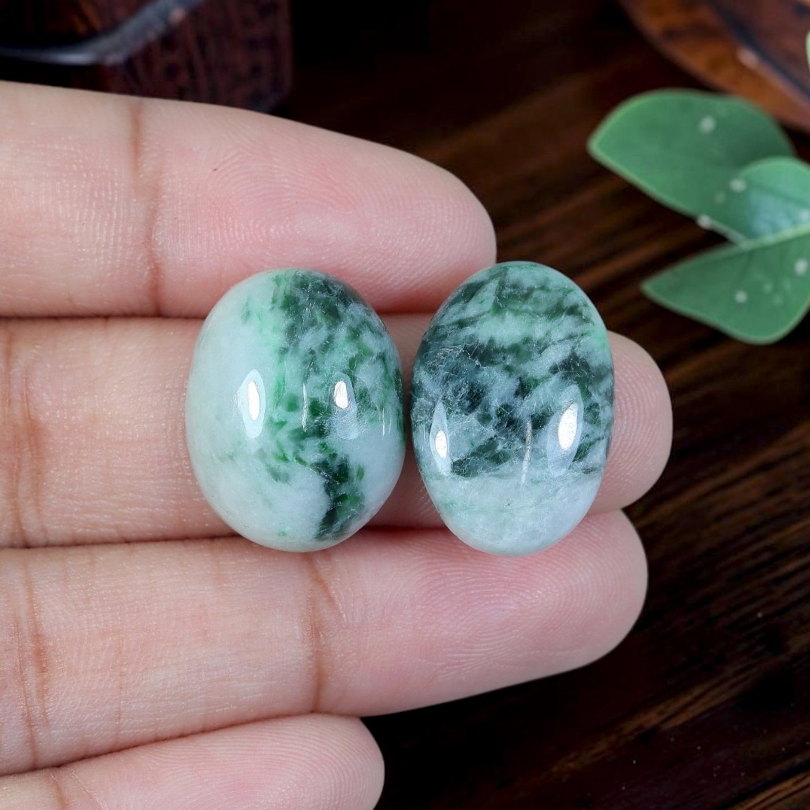 19.71ct Natural Burmese Type A Jadeite Jade Cabochon Pair, 70EB: Crafted from untreated natural Burmese Type A jadeite jade, this matched oval cabochon pair is polished with smooth domed surfaces and slim flat bases ideal for custom earring setting. Milky pale whit