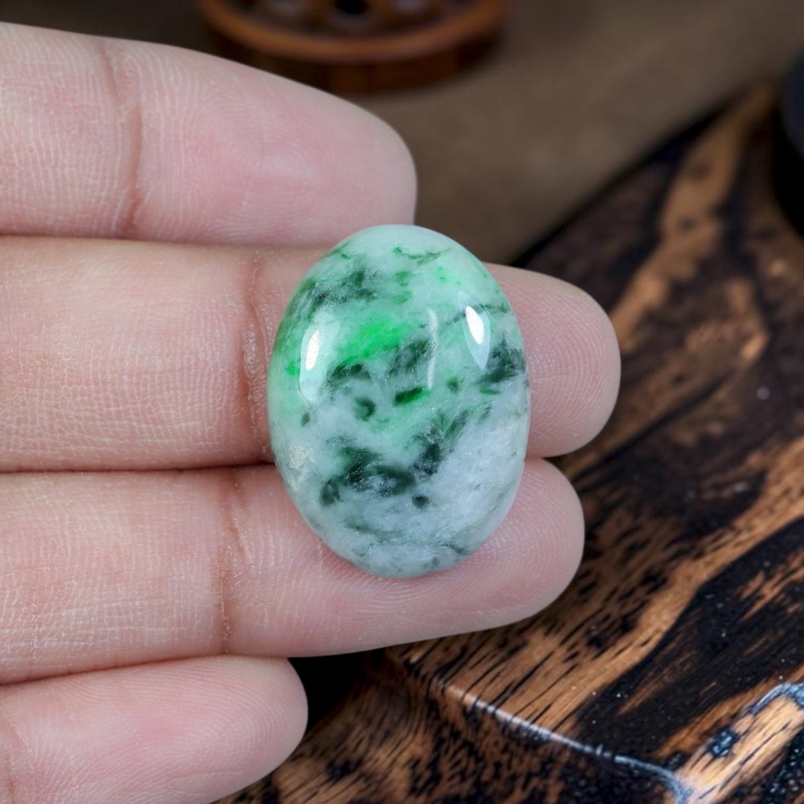 17.29ct Natural Burmese Type A Jadeite Jade Cabochon, 89EB: Crafted from untreated natural Burmese Type A jadeite jade, this polished oval cabochon features a smoothly domed top alongside flat base suited for pendant or ring mounting. Its pale milky white clou