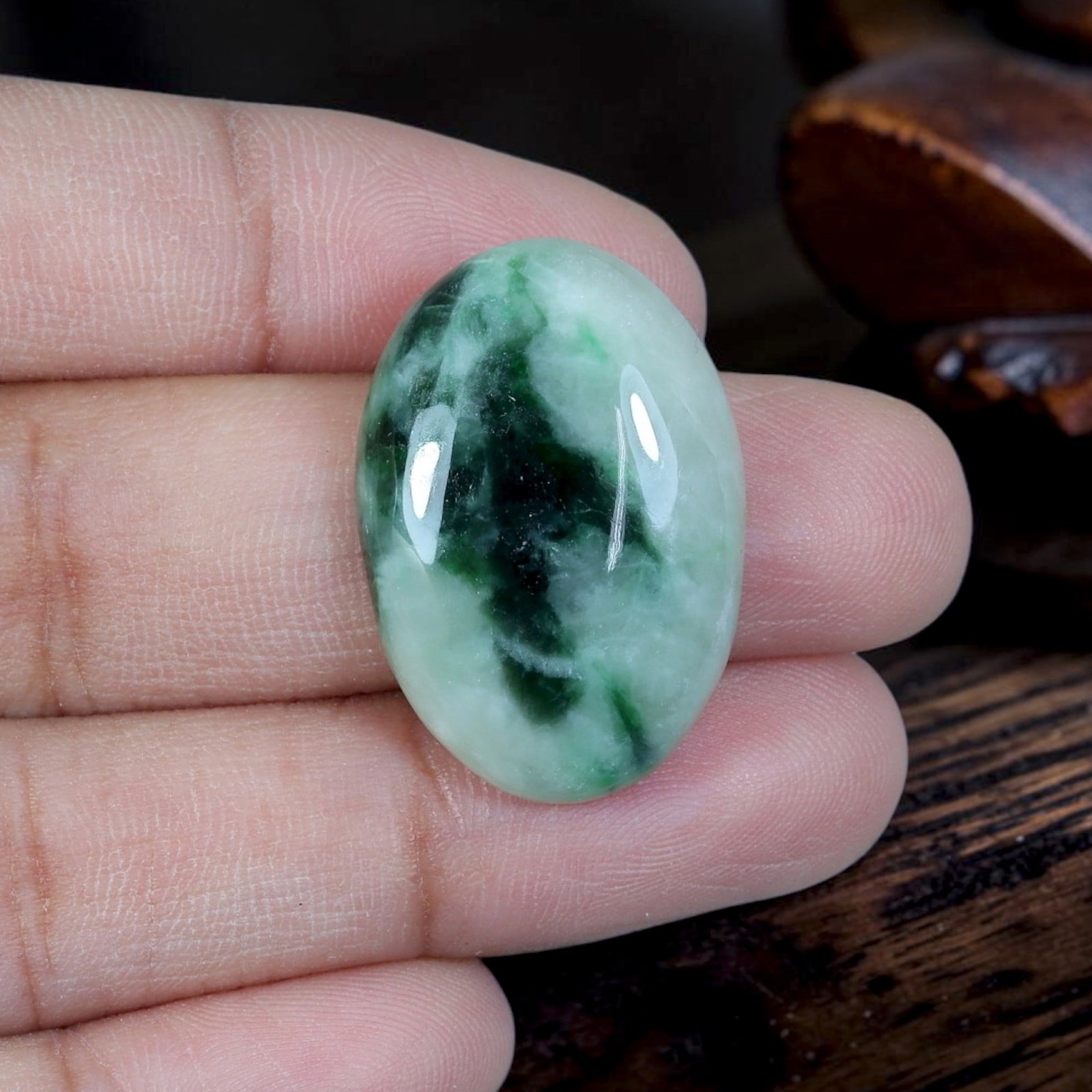 23.12ct Natural Burmese Type A Jadeite Jade Cabochon, 77EB: Crafted from authentic natural Burmese Type A jadeite jade, this polished oval cabochon features smooth domed top and flat base finished with fine lapidary work. The stone displays pale milky white ba