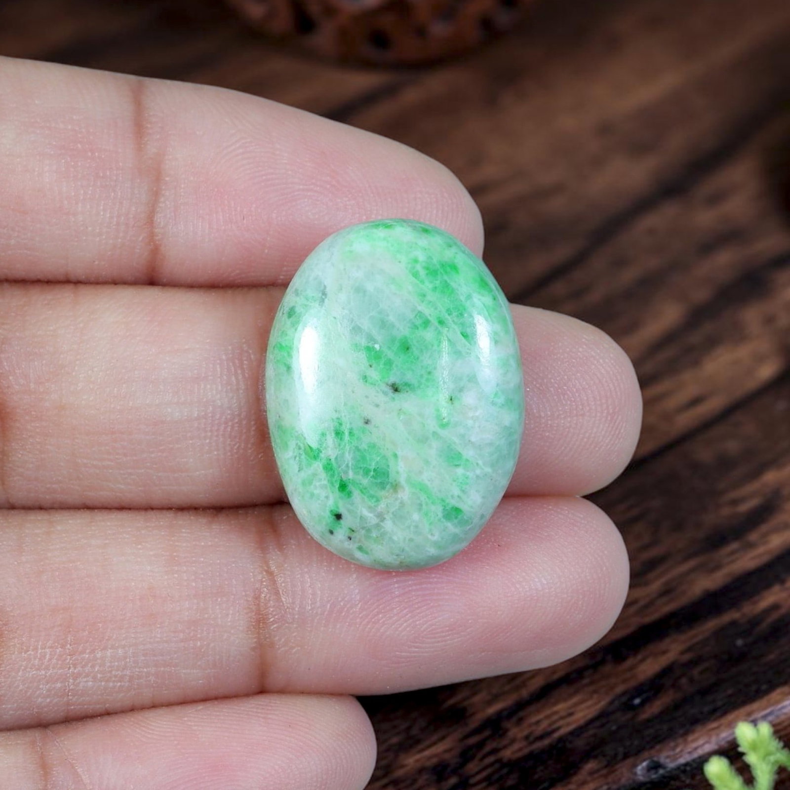14.23ct Natural Burmese Type A Jadeite Jade Cabochon, 83EB: Crafted from untreated natural Burmese Type A jadeite jade, this compact oval cabochon features glossy domed polish with flat base made for ring or petite pendant setting. Pale milky white host matrix