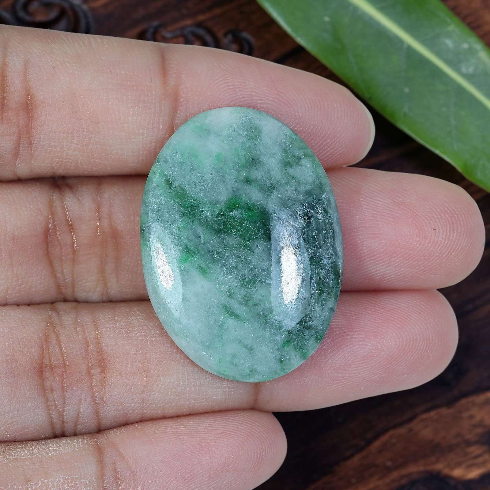 29.63ct Natural Burmese Type A Misty Floating Moss Green Jadeite Jade Oval Cabochon, 78AP: Crafted from fully untreated natural Burmese Type A jadeite jade, this large elongated oval cabochon features a gentle shallow domed top paired with flat base, ideal for oversized statement pendants a