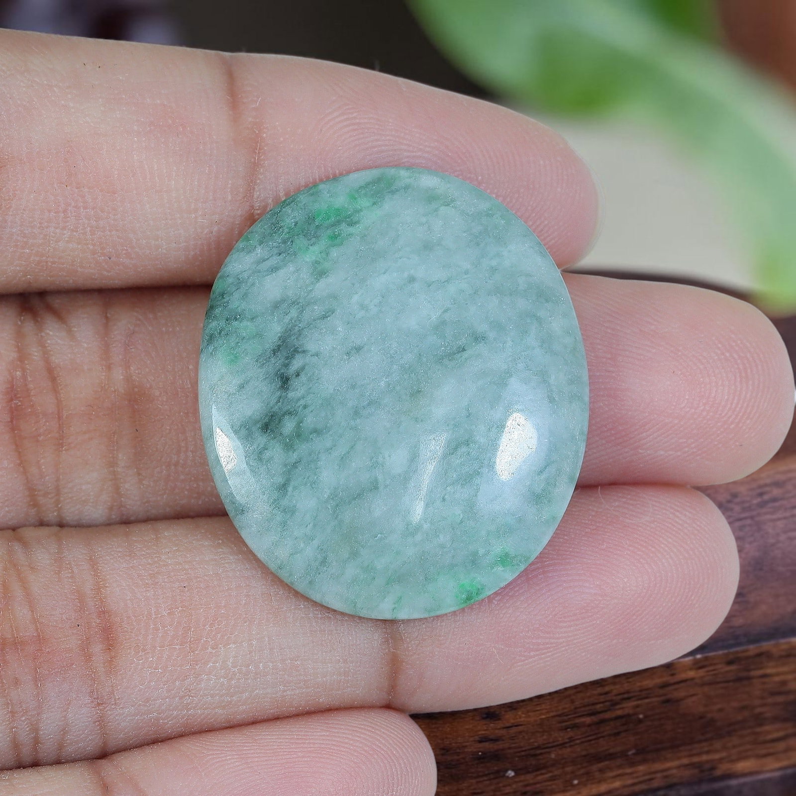 28.15ct Natural Burmese Type A Soft Misty Floating Moss Green Jadeite Jade Oval Cabochon, 85AP: Crafted from fully untreated natural Burmese Type A jadeite jade, this broad wide oval cabochon features a gentle shallow domed top with flat base, ideal for oversized minimalist cocktail rings and la