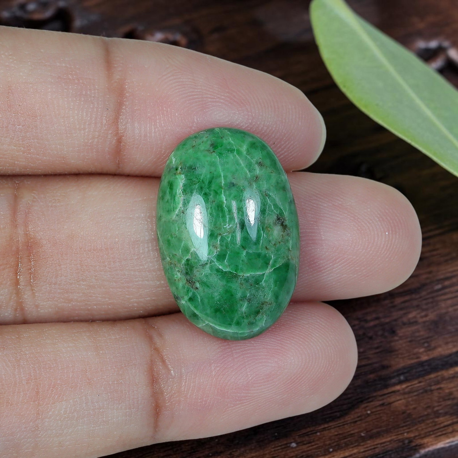 14.75ct Natural Burmese Type A Vibrant Solid Apple Green Veined Jadeite Jade Oval Cabochon, 5AR: Polished from fully untreated natural Burmese Type A jadeite jade, this slim elongated oval cabochon features a gentle rounded domed top paired with flat base, perfectly suited for delicate vertical r