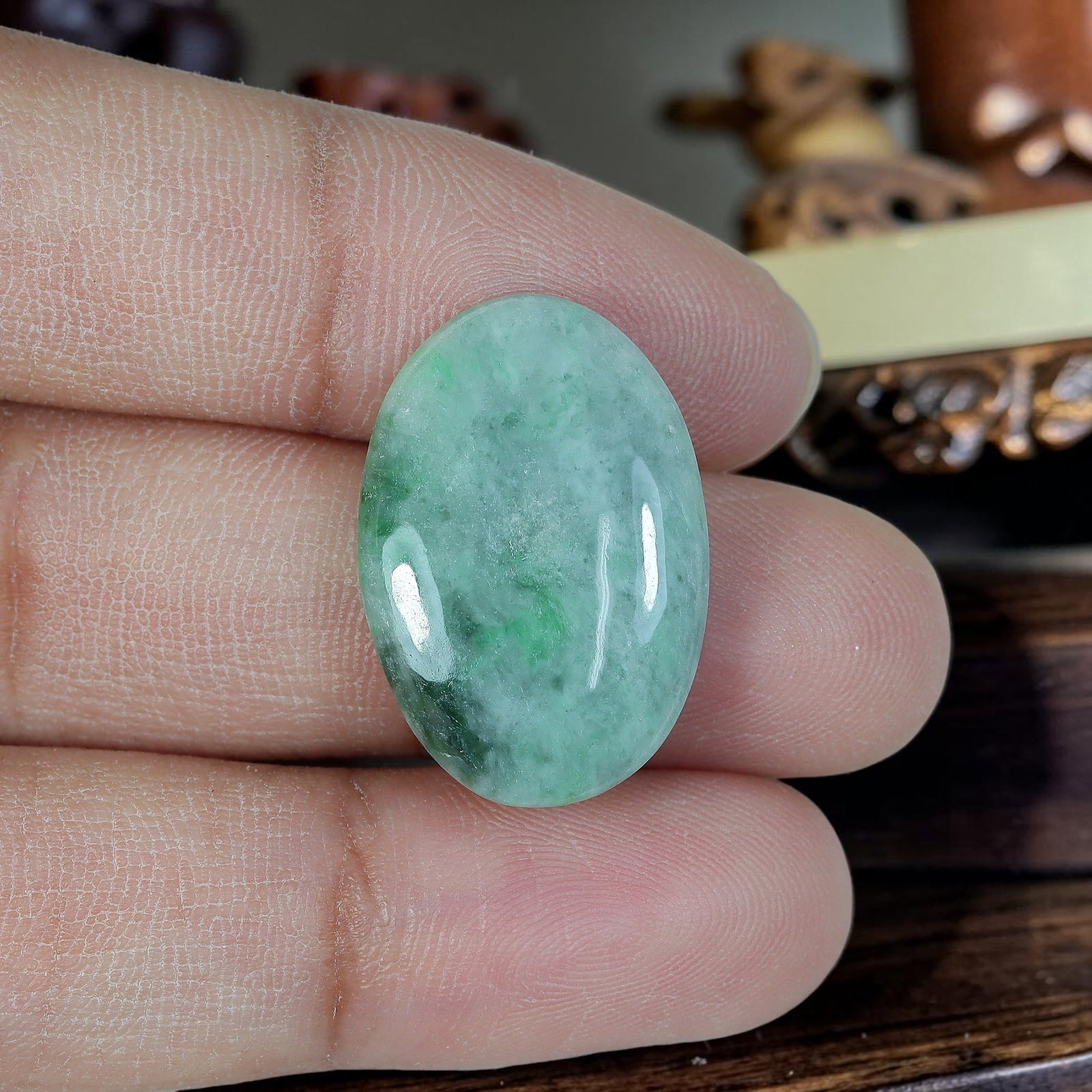 13.06ct Natural Burmese Type A Jadeite Jade Oval Cabochon, 13AR: Crafted from fully untreated natural Burmese Type A jadeite jade, this slim oval cabochon features a gentle domed top paired with a flat base, ideal for delicate vertical rings or lightweight small pe