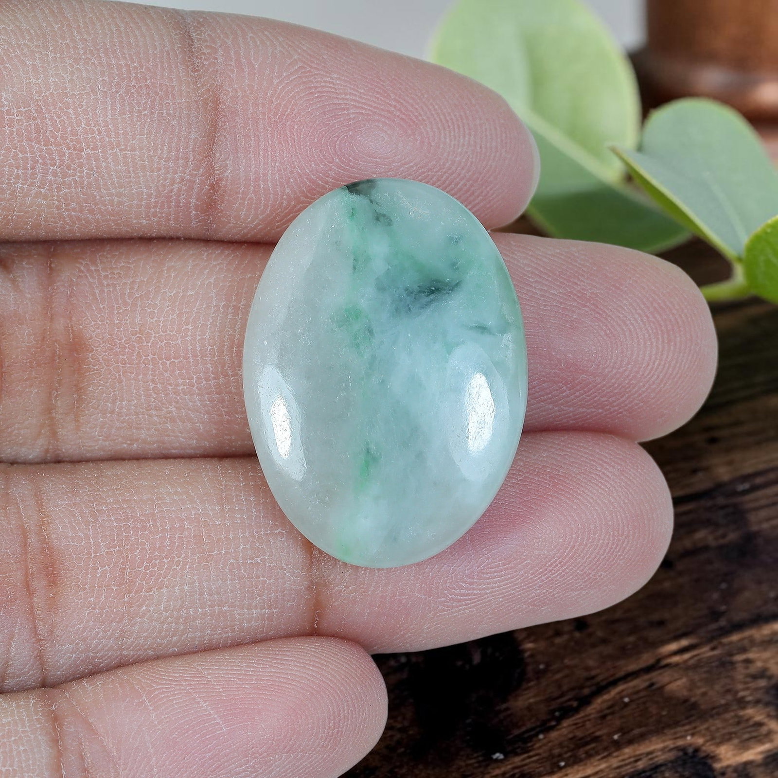 26.38ct Natural Burmese Type A Floating Dark Streak Jadeite Jade Oval Cabochon, 81AP: Polished from fully untreated natural Burmese Type A jadeite jade, this substantial oval cabochon features a thick, rounded domed top with flat base, ideal for eye-catching statement rings and medium-