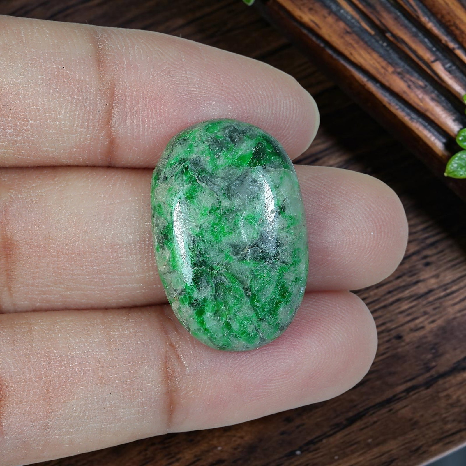 19.38ct Natural Burmese Type A Spotted Emerald Green Mesh Vein Jadeite Jade Oval Cabochon, 6AR: Polished from fully untreated natural Burmese Type A jadeite jade, this slim elongated oval cabochon features a moderately plump domed top and flat base, perfectly suited for vertical stackable rings 