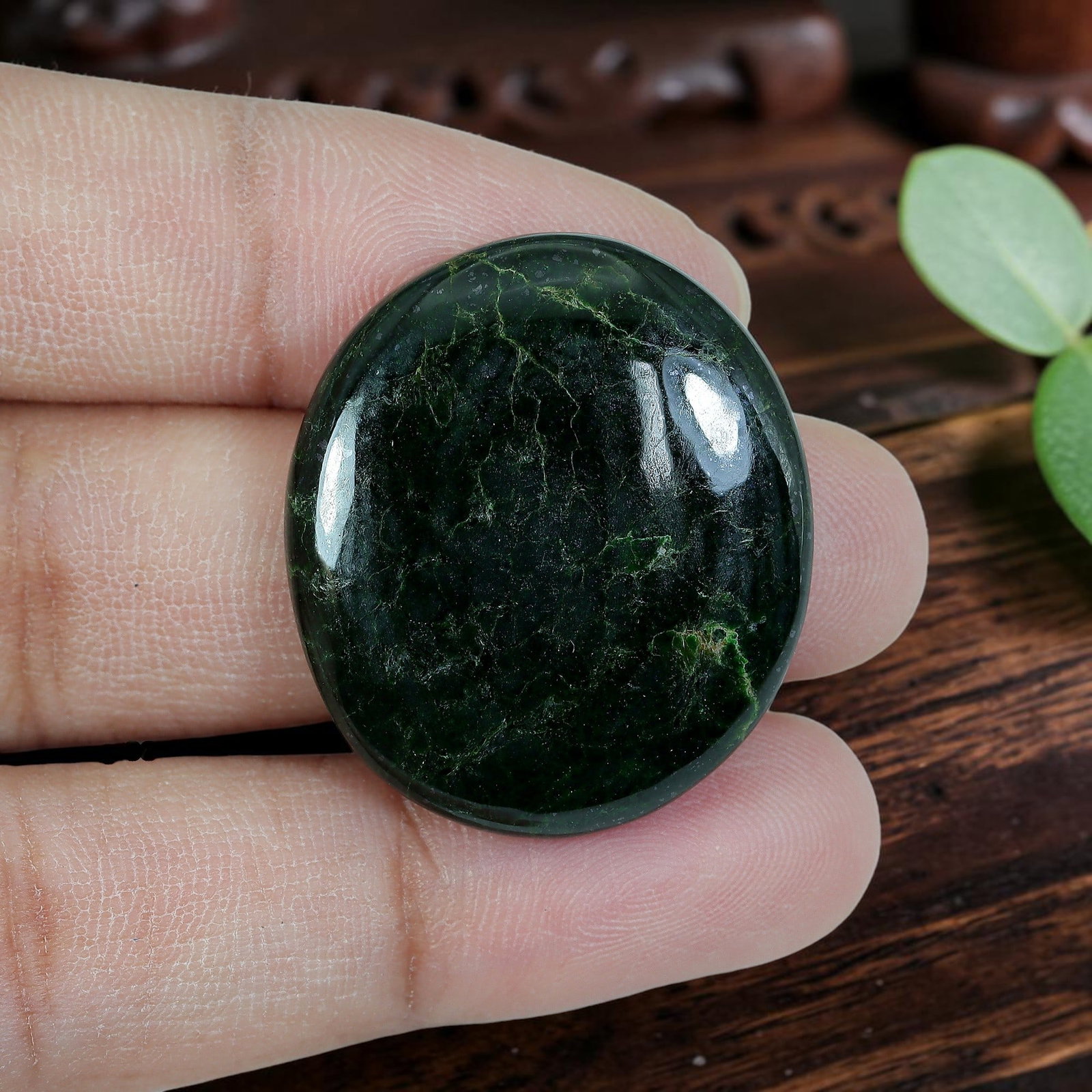 38.18ct Natural Burmese Type A Dark Green Web Vein Jadeite Jade Round Cabochon, 92AP: Polished from fully untreated natural Burmese Type A jadeite jade, this large rounded cabochon features a smooth plump domed top with flat base, perfectly suited for bold statement pendants and oversi