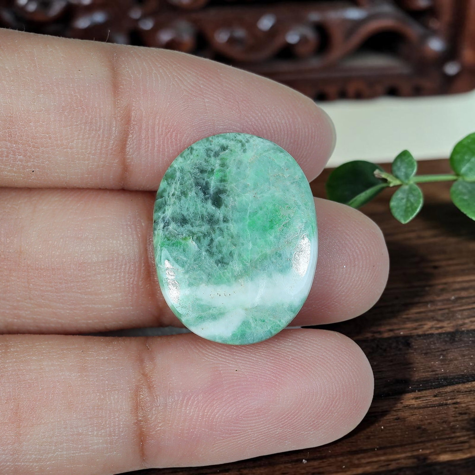 10.94ct Natural Burmese Type A Jadeite Jade Oval Cabochon, 8AR: Polished from untreated natural Burmese Type A jadeite jade, this oval cabochon features a shallow domed polish and flat base suited for delicate ring or tiny pendant mounting. Distinct milky white mi