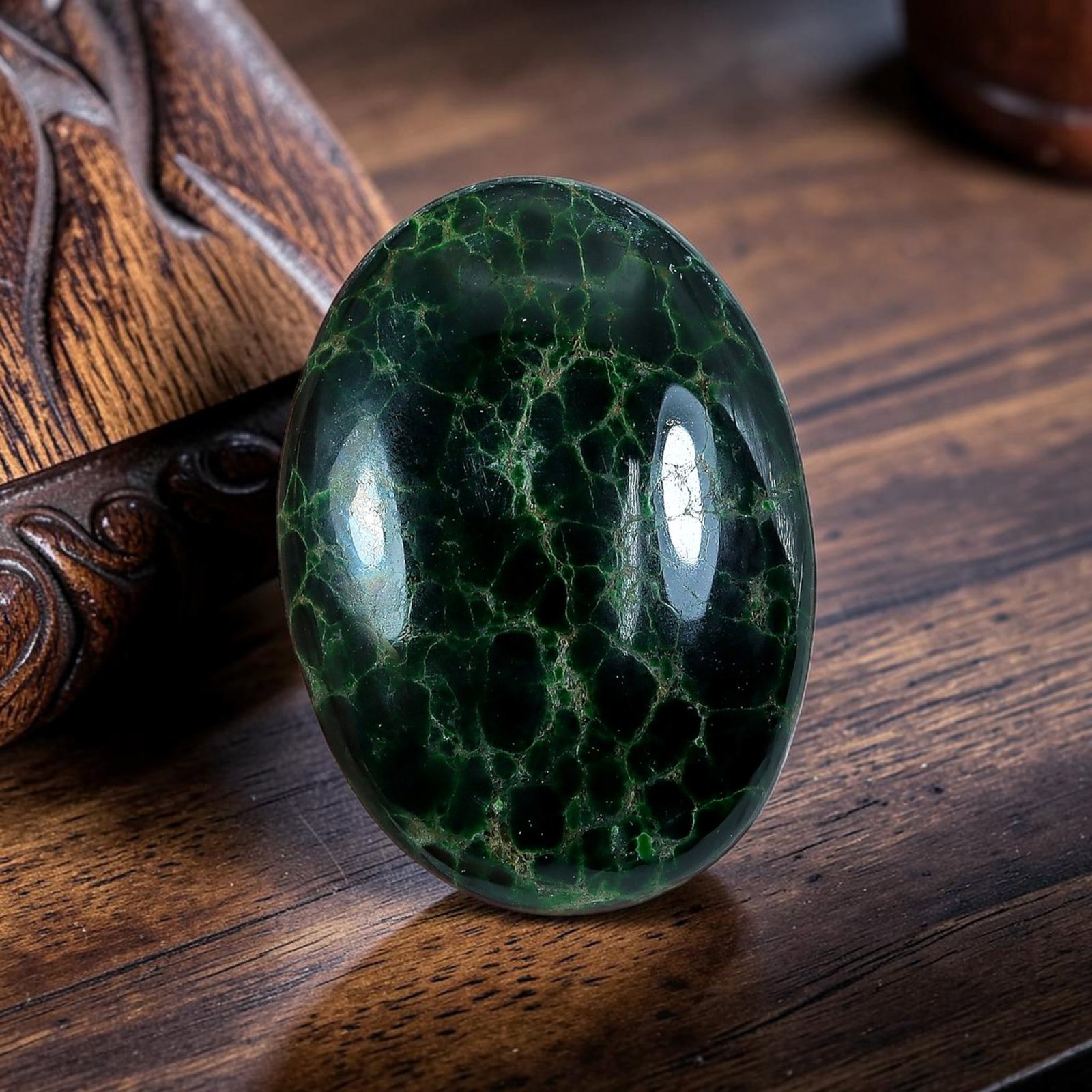 22.86ct Natural Burmese Type A Jadeite Jade Oval Cabochon, 99AP: Polished from untreated natural Burmese Type A jadeite jade, this oval cabochon features plump domed polish and flat base suitable for statement ring or medium pendant setting. Deep saturated forest g