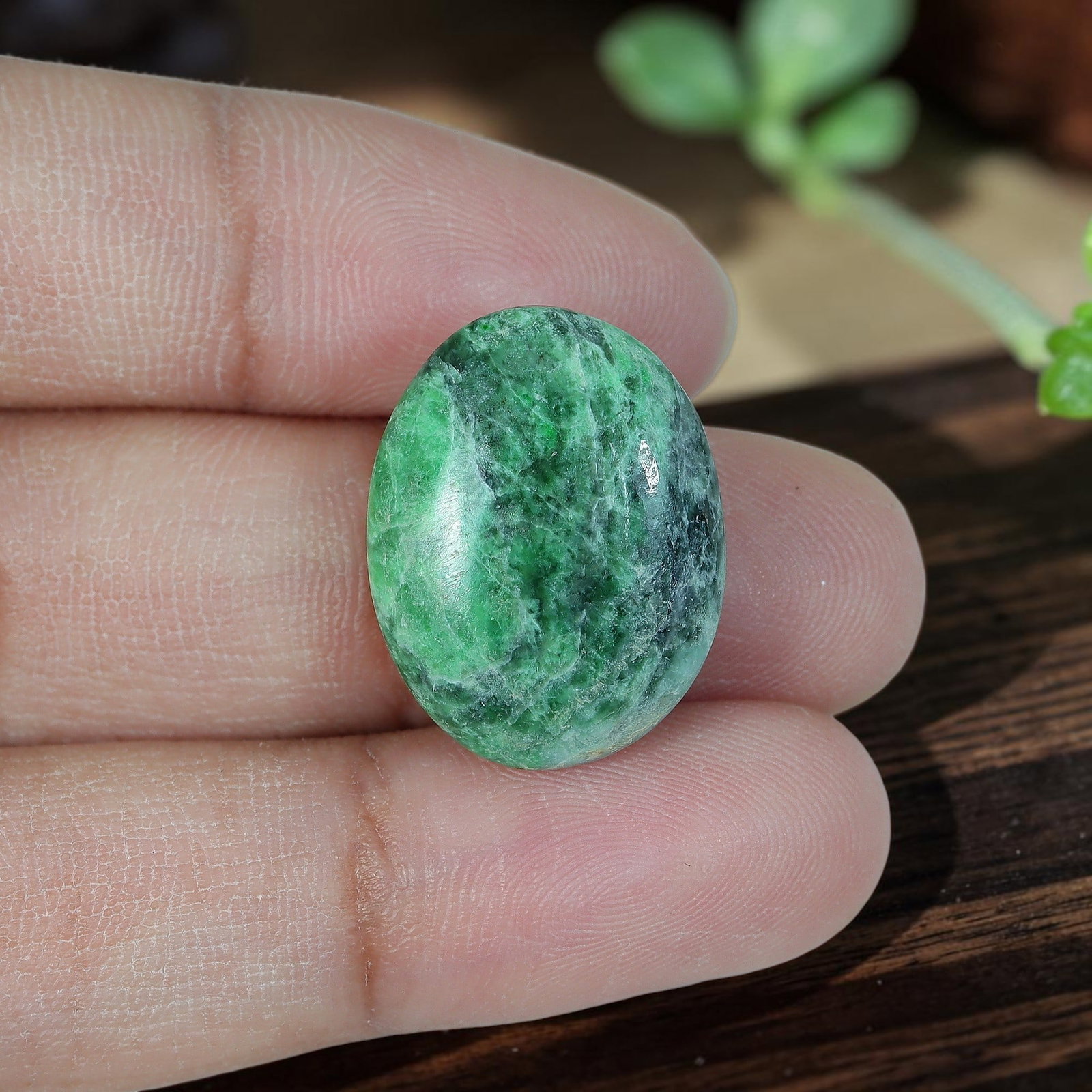 16.93ct Natural Burmese Type A Mottled Forest Green Jadeite Jade Oval Cabochon, 11AR: Polished from untreated natural Burmese Type A jadeite jade, this compact oval cabochon features a thick, plump domed profile with flat base, ideal for bold daily-wear rings or compact pendants. Its m