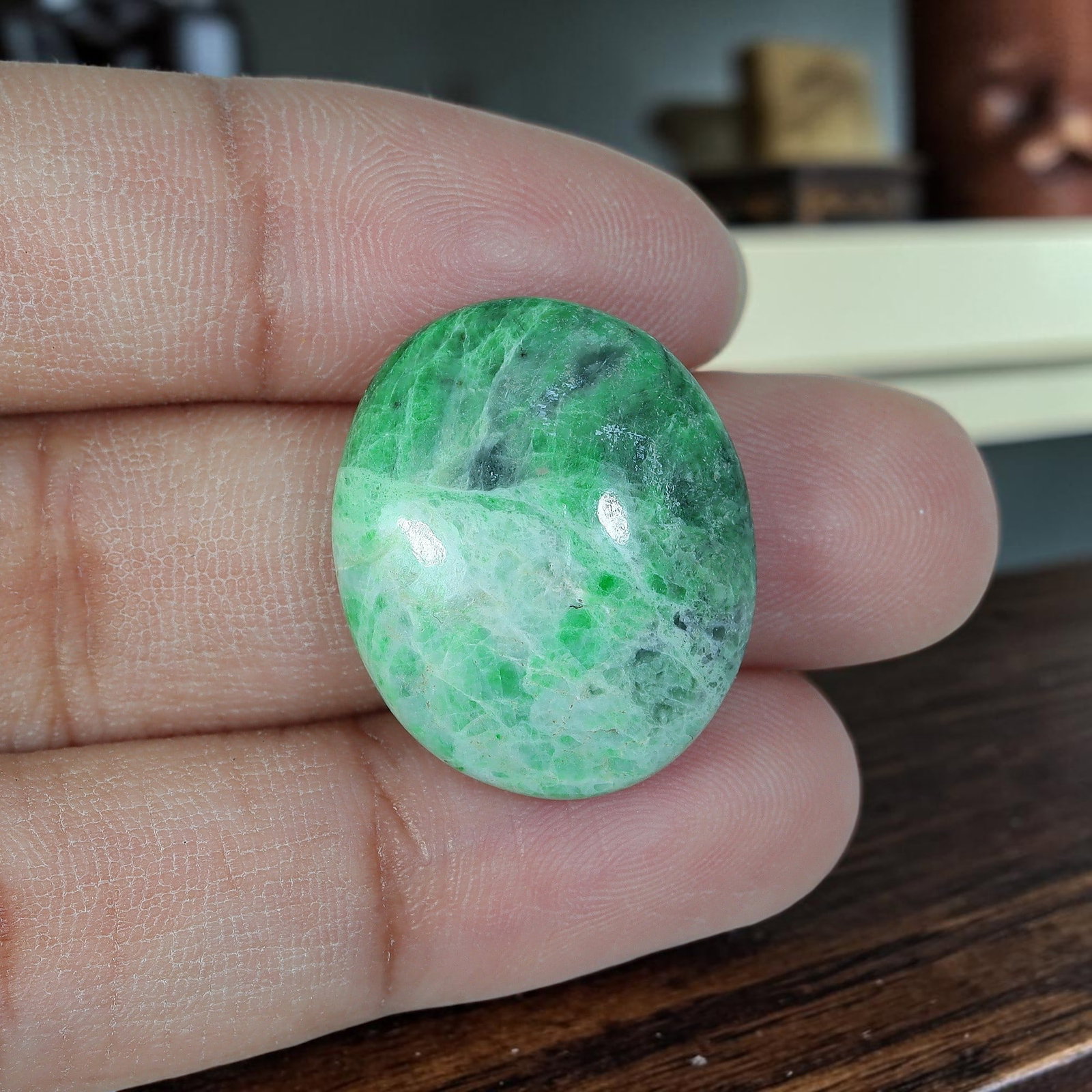 20.62ct Natural Burmese Type A Marbled Two-Tone Green Jadeite Jade Oval Cabochon, 10AR: Crafted from fully untreated natural Burmese Type A jadeite jade, this balanced oval cabochon boasts a plump domed top with flat base, perfect for standout cocktail rings and medium everyday pendants.