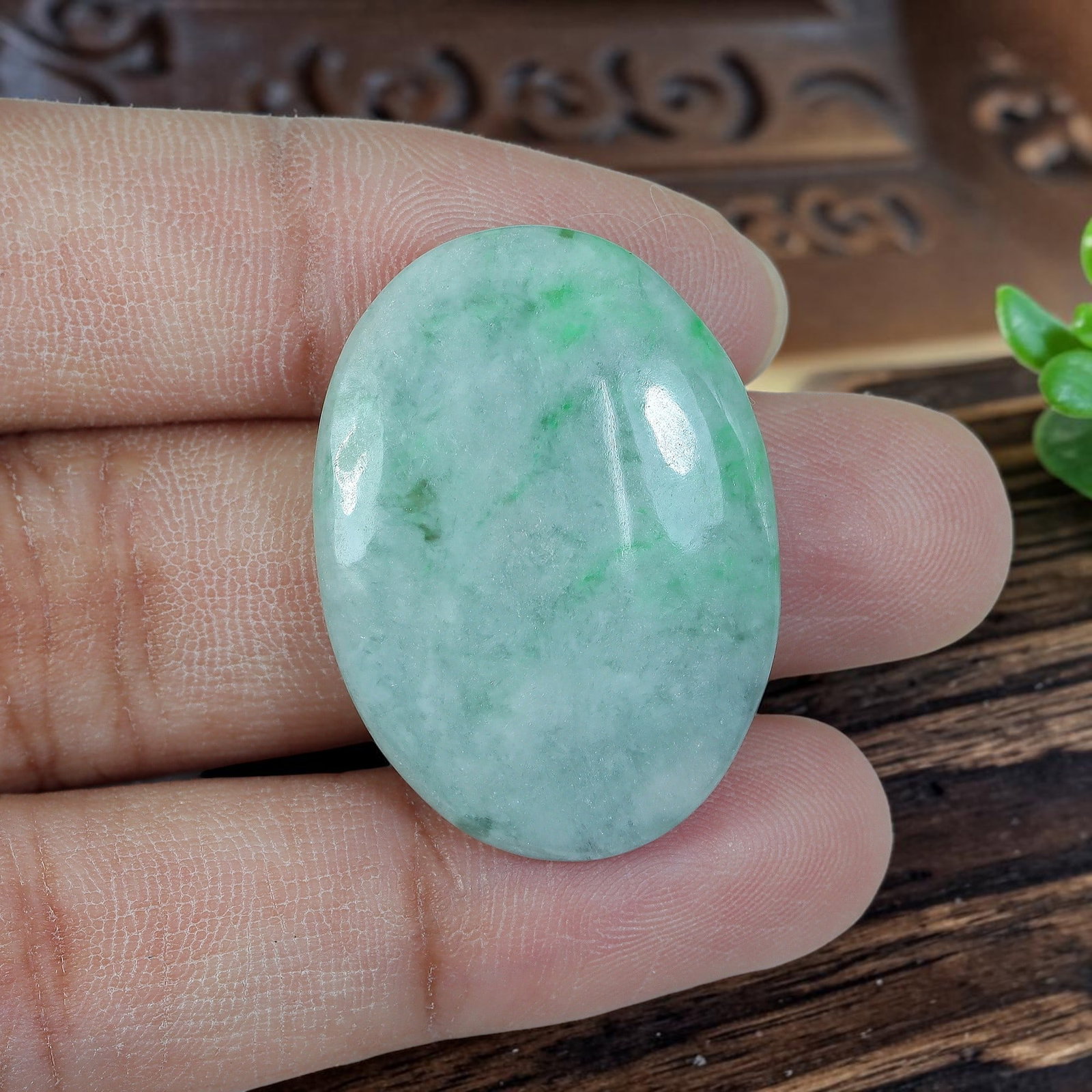 31.33ct Natural Burmese Type A Jadeite Jade Oval Cabochon, 94AP: Polished from untreated natural Burmese Type A jadeite jade, this oval cabochon features plump domed polish and flat base suitable for bold pendant or oversized statement ring setting. Soft pale trans