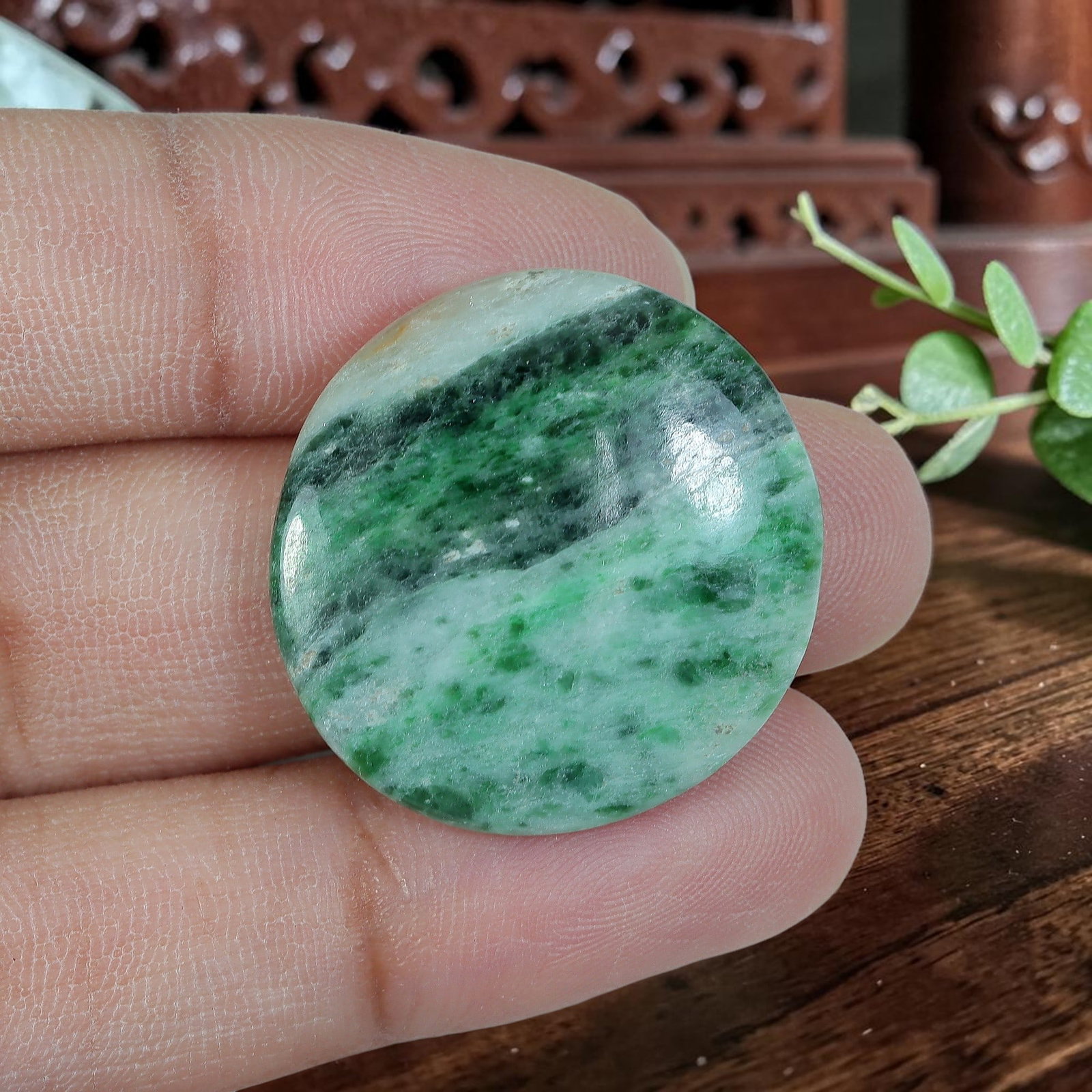 25.91ct Natural Burmese Type A Banded Forest Green Round Jadeite Jade Cabochon, 89AP: Crafted from fully untreated natural Burmese Type A jadeite jade, this near-round cabochon features a smooth moderate domed top with flat base, perfectly suited for bold cocktail rings and medium-size