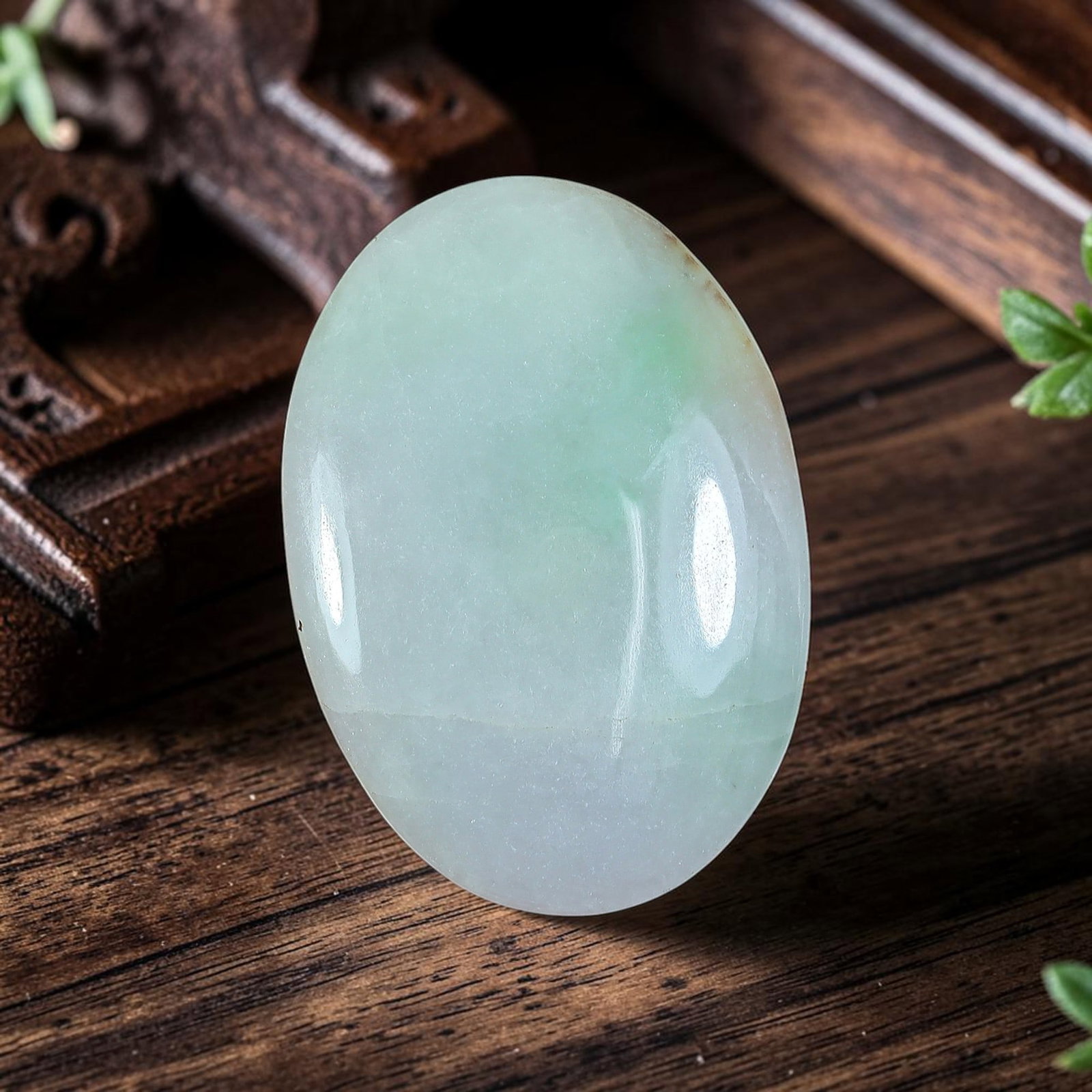 27.74ct Natural Burmese Type A Pale Ice Celadon Blush Green Oval Jadeite Jade Cabochon, 97AP: Crafted from fully untreated natural Burmese Type A jadeite jade, this elongated medium-large oval cabochon features a smooth moderate domed top with flat base, perfect for elegant daily pendants and 