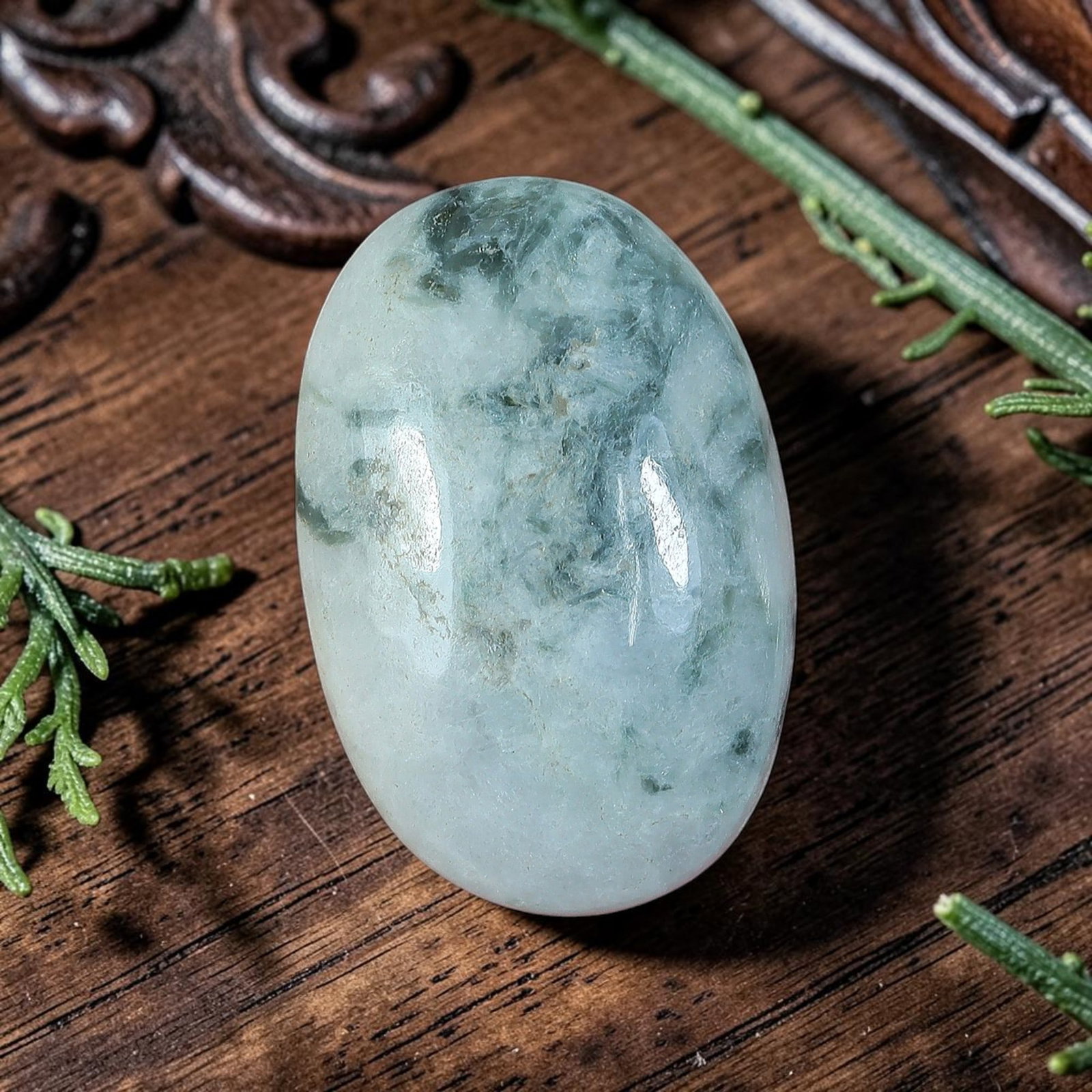 17.13ct Natural Burmese Type A Jadeite Jade Oval Cabochon, 95AP: Polished from untreated natural Burmese Type A jadeite jade, this oval cabochon features plump domed polish and flat base suitable for ring or small pendant setting. Pale milky translucent celadon bas