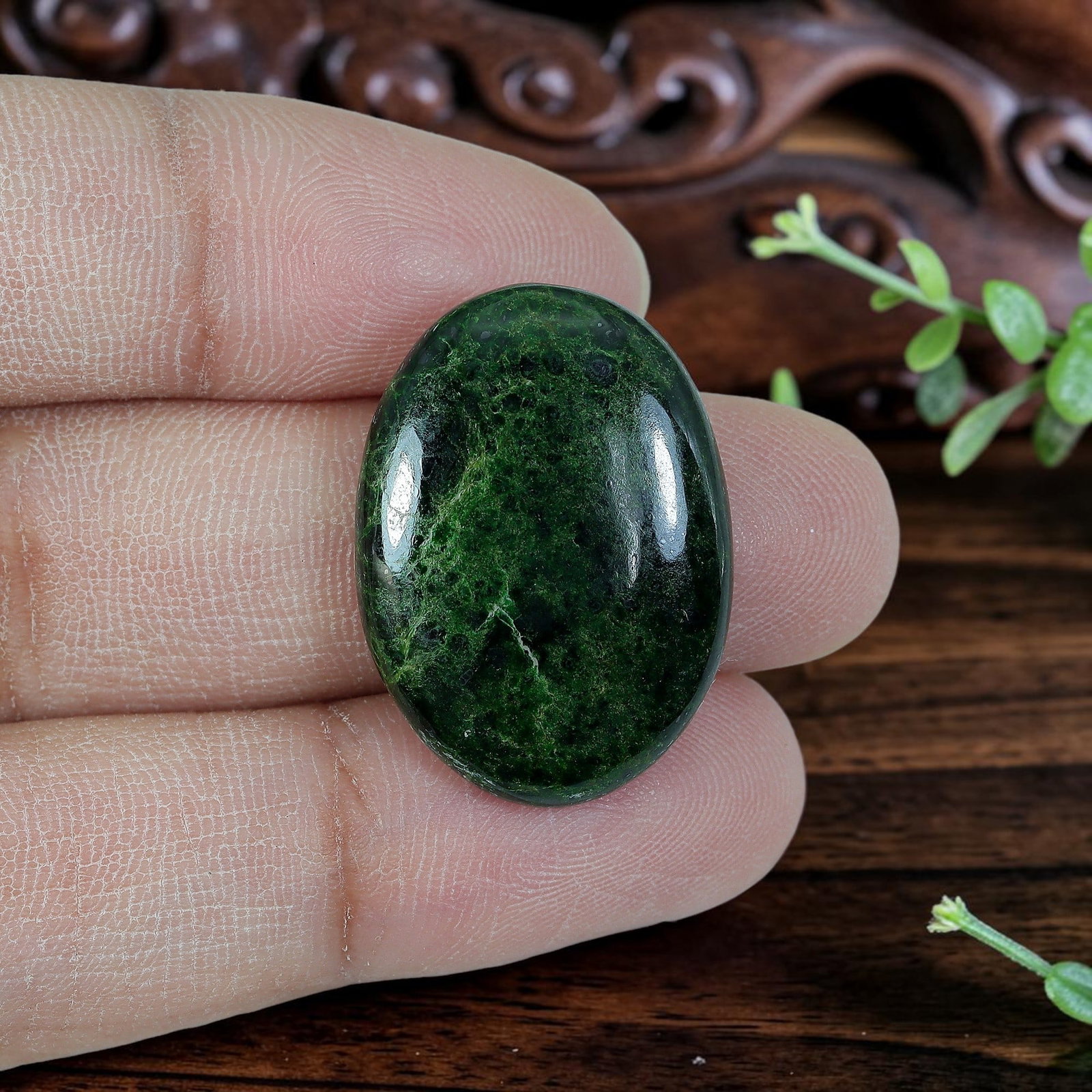22.00ct Natural Burmese Type A Dark Moss Green Web Vein Jadeite Jade Oval Cabochon, 1AR: Polished from fully untreated natural Burmese Type A jadeite jade, this sleek oval cabochon features a smooth moderately domed top with flat base, well-suited for bold vertical rings and compact state