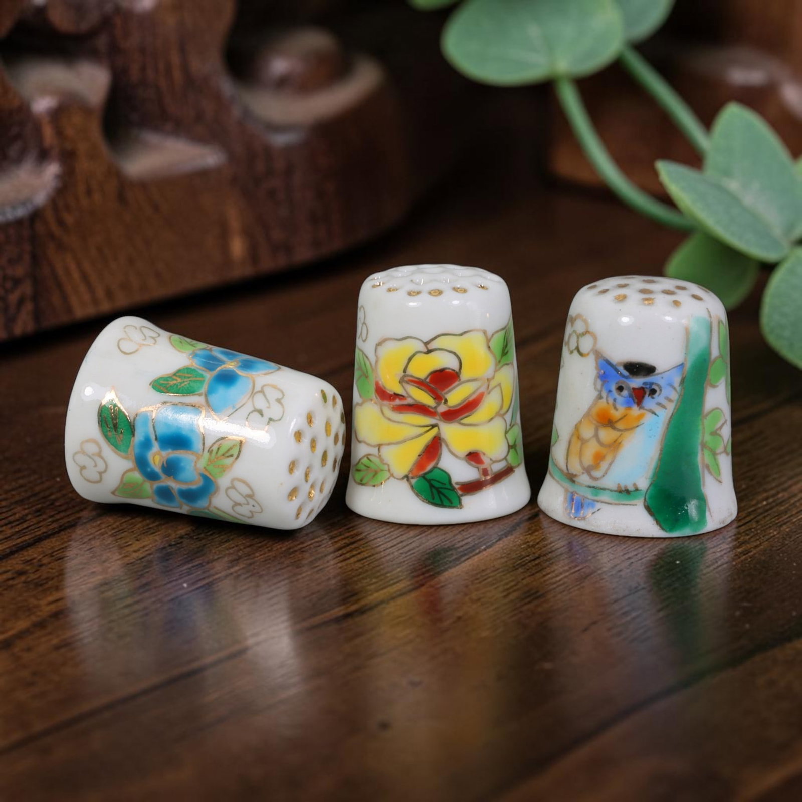 Vintage Hand-Painted Porcelain Thimble Set of 3 - Floral & Owl Sewing Collectibles, 21AR (1 of 2)