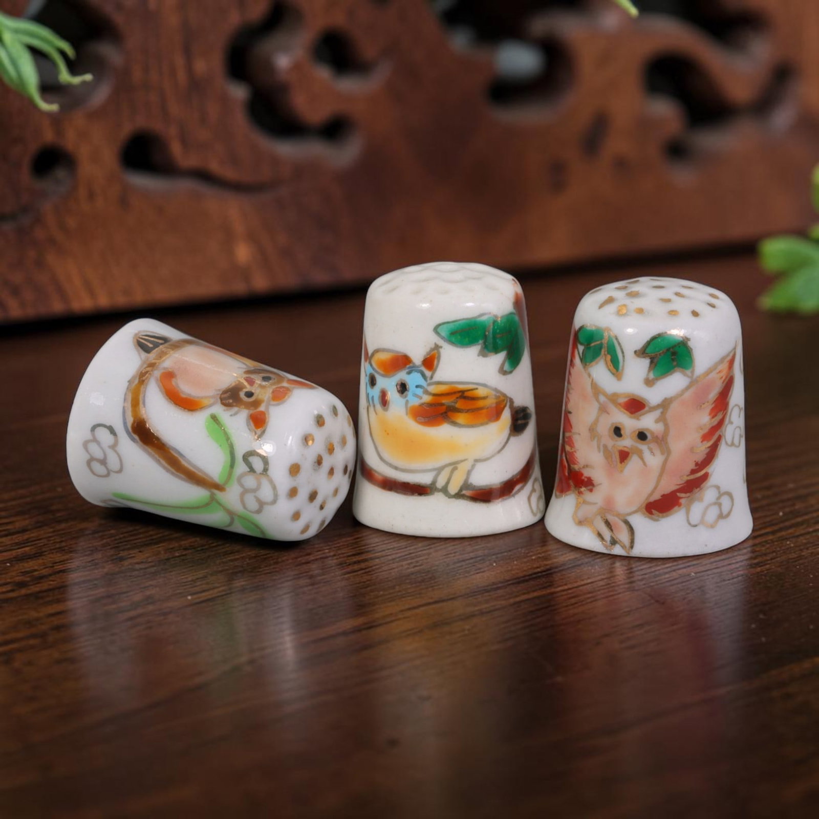 Vintage Hand-Painted Porcelain Thimble Set of 3 - Owl & Bird Motif Sewing Collectibles, 15AR (1 of 2)
