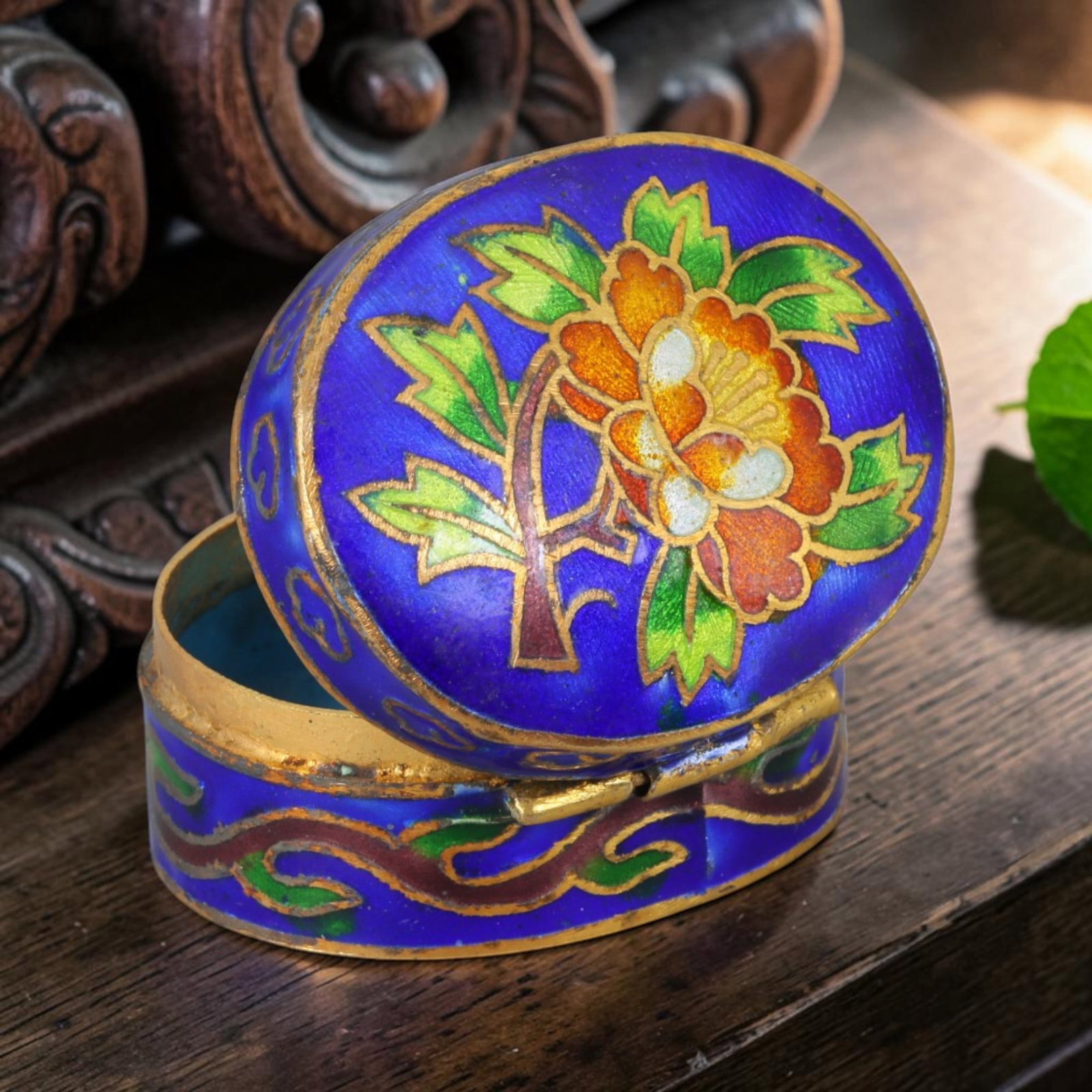 Vintage Chinese Copper Cloisonne Trinket Box - Peony Blue Enamel Oval Casket, 27AR: Crafted from copper base metal with gilded cloisonne wire filigree and hand-fired polychrome enamel glazes. This small oval hinged miniature casket features a rich cobalt blue enamel ground covering l