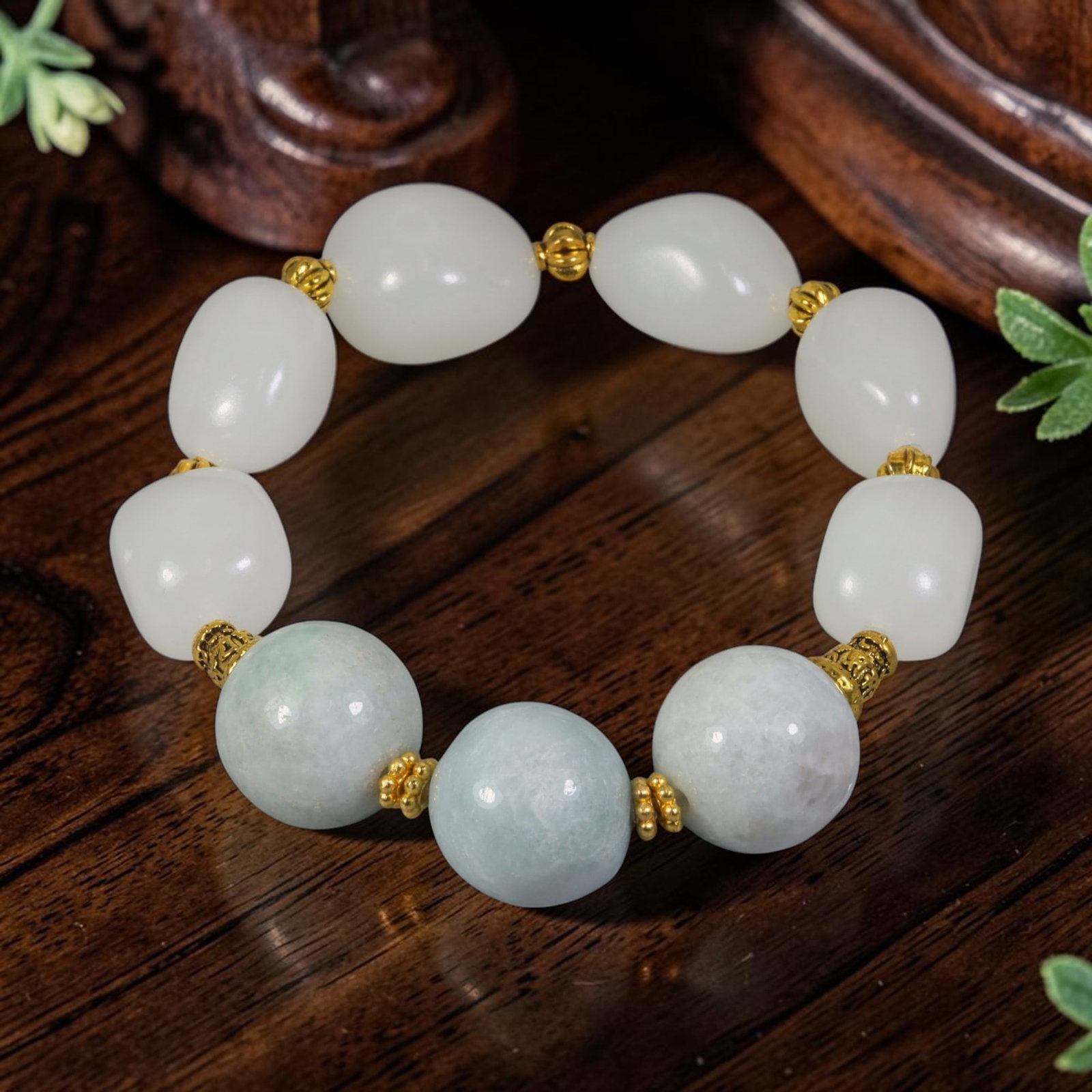 Chinese Hetian Nephrite Seed Pebble Jade & Burmese Type A Jadeite Jade Beaded Bracelet, 85AR (1 of 1)