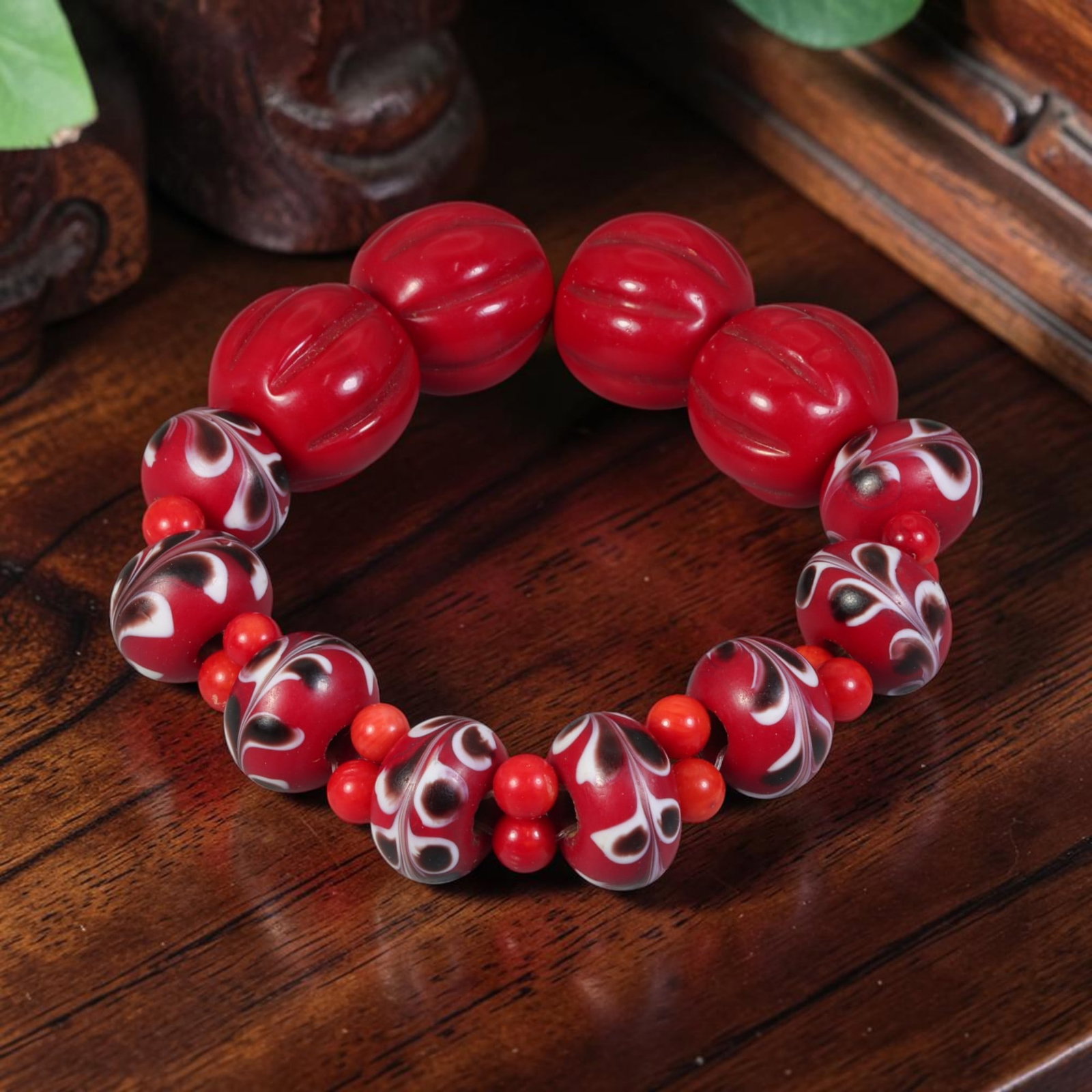 Vintage Chinese Red Pumpkin & Swirl Eye Pattern Lampwork Glass Bracelet, 68AR (1 of 1)