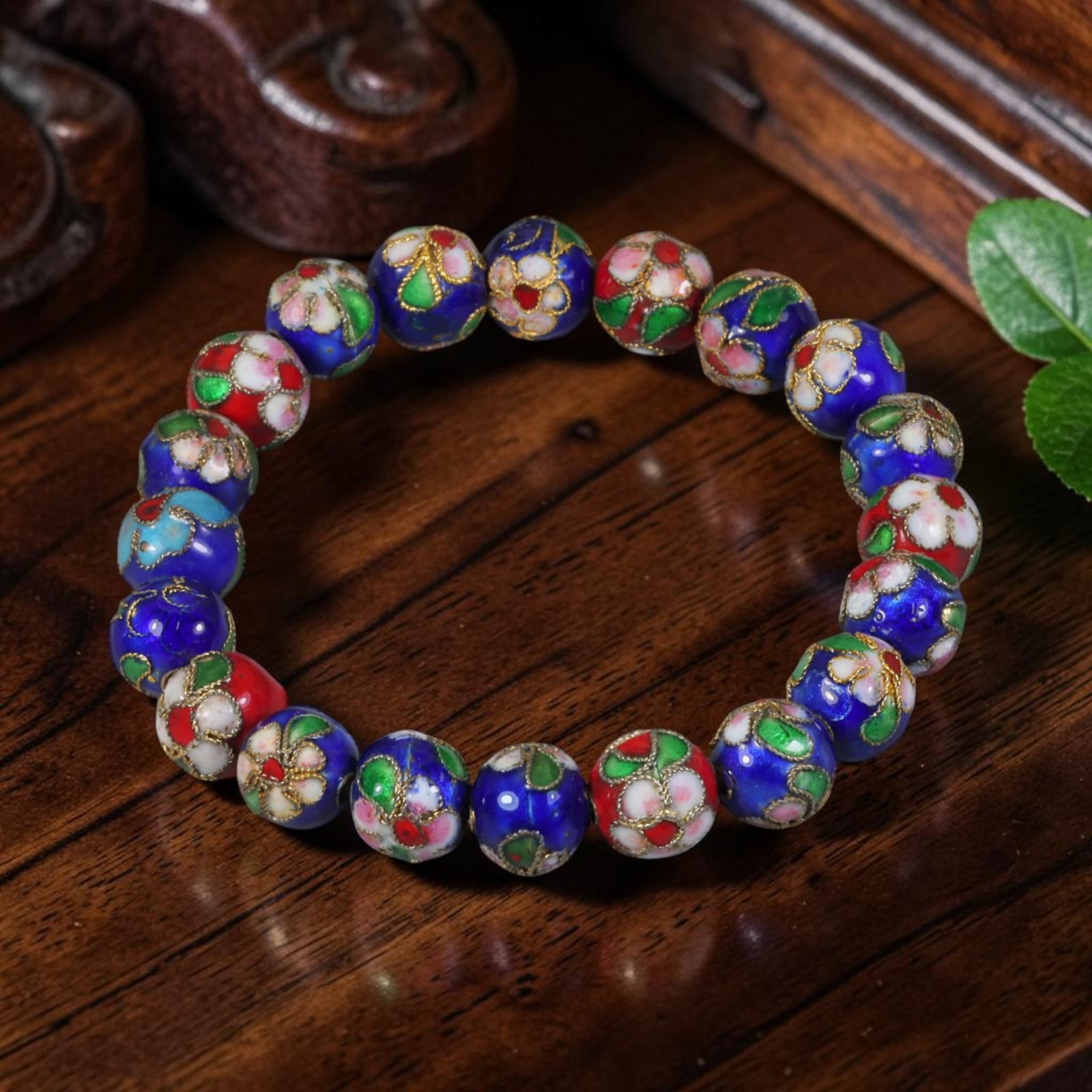 Chinese Cloisonne Beaded Bracelet - Enamel Floral Metal Craft Beads, 64AR: This bracelet is constructed from handcrafted Chinese cloisonne enamel beads, each formed on a copper base with fine wire filigree outlining multi-petaled floral motifs filled with vibrant red, white,