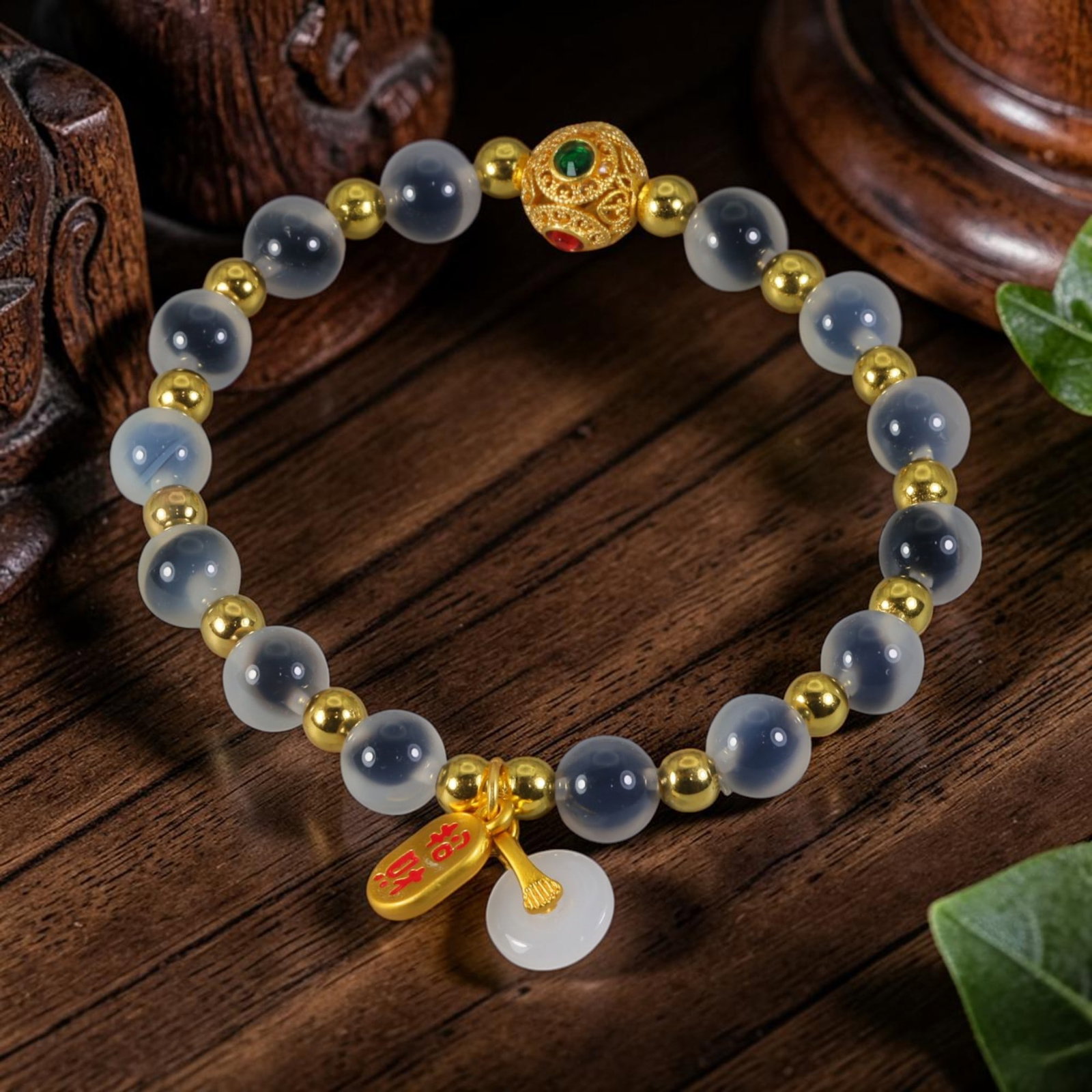 Chinese Grey Chalcedony Beaded Bracelet - Gold Filigree Stone Ornament, 59AR: This bracelet is strung from smooth polished spherical grey chalcedony beads with soft milky translucent tone, interspersed with uniform polished gold-toned metal spacer beads. A central ornate filigr