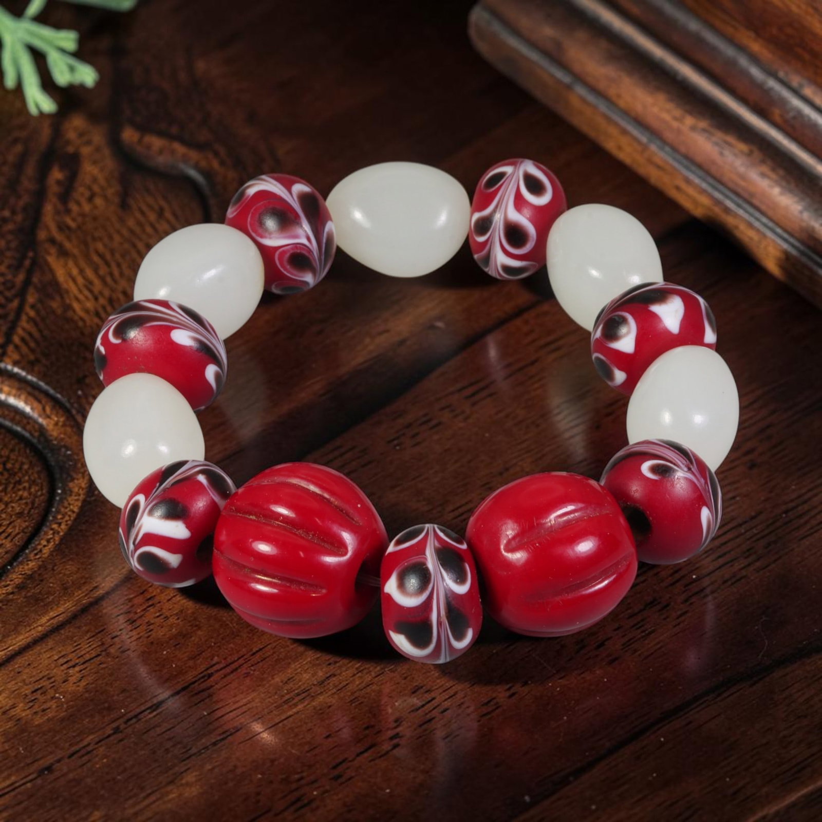 Mixed Strand Bracelet - Hetian White Nephrite Seed Pebble Jade & Vintage Chinese Swirl Glass, 71AR: This eclectic mixed bracelet alternates two bead styles: smooth natural uncarved Hetian plain white nephrite river seed pebbles with milky pale polished surfaces, paired with handcrafted vintage Chine