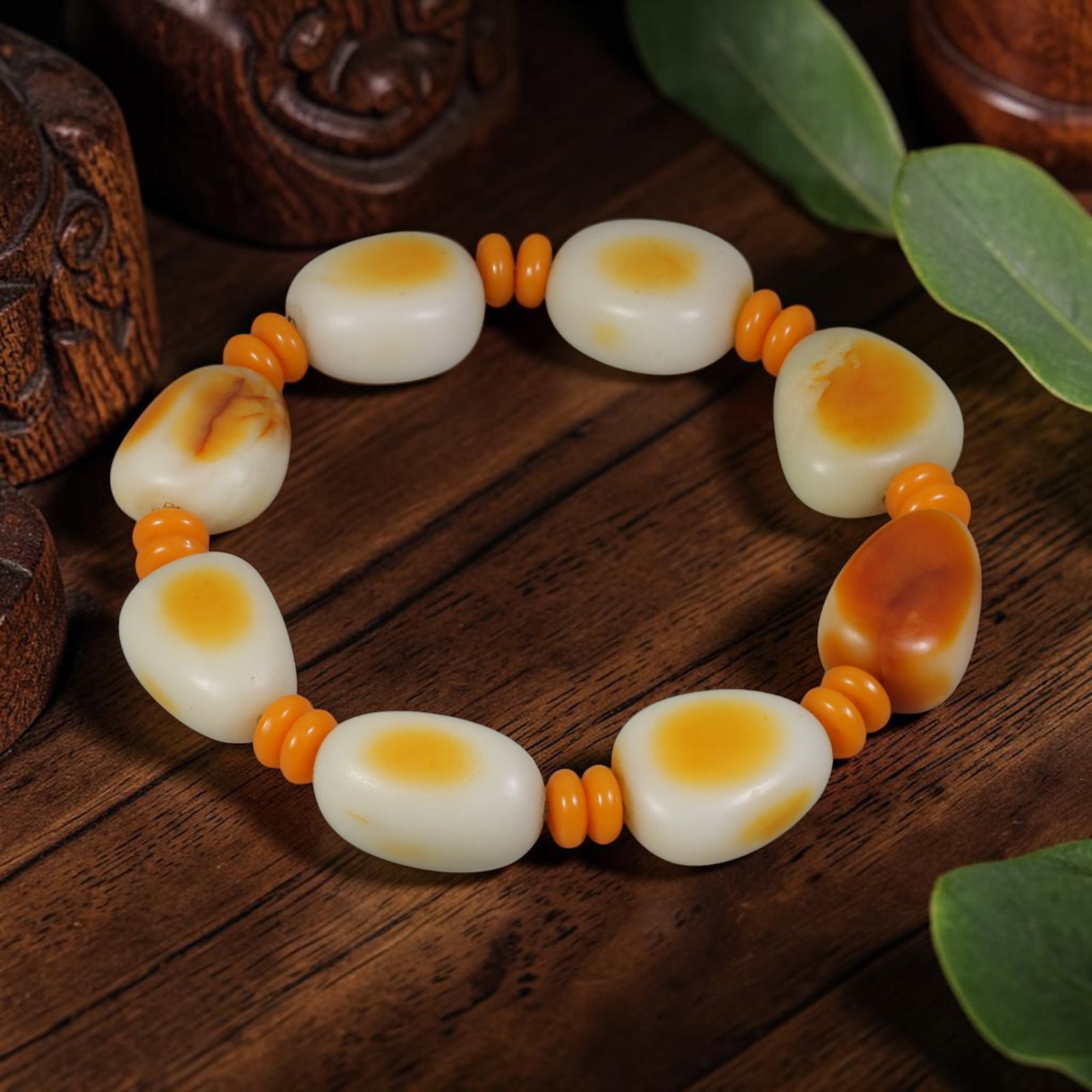 Chinese Hetian Nephrite White Seed Pebble Jade Beaded Bracelet, 90AR (1 of 1)