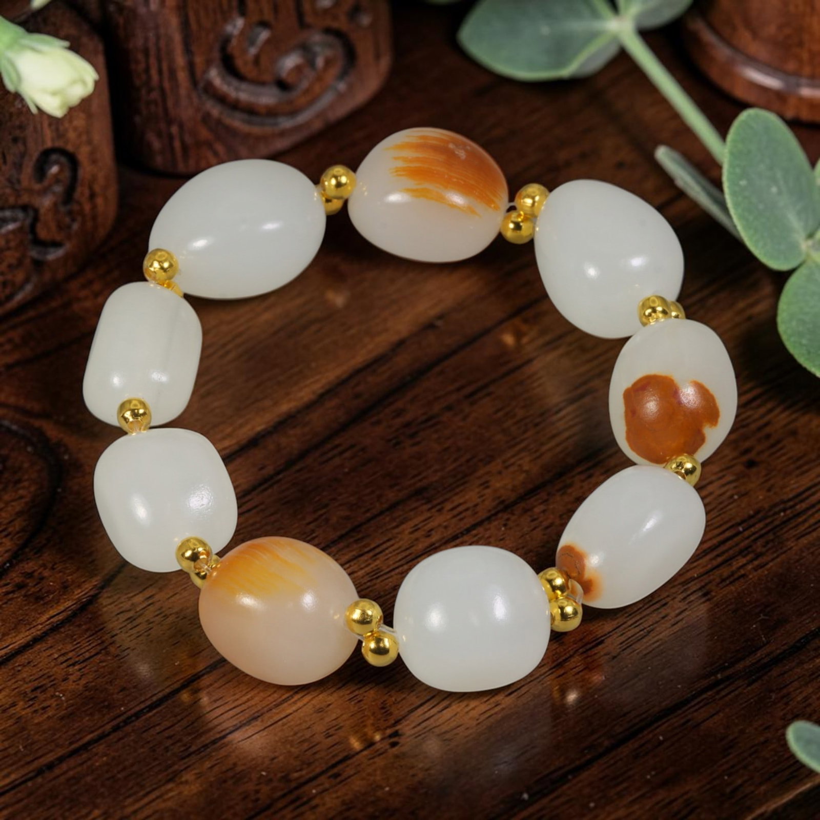 Chinese Hetian Nephrite White Seed Pebble Jade Beaded Bracelet, 83AR (1 of 1)