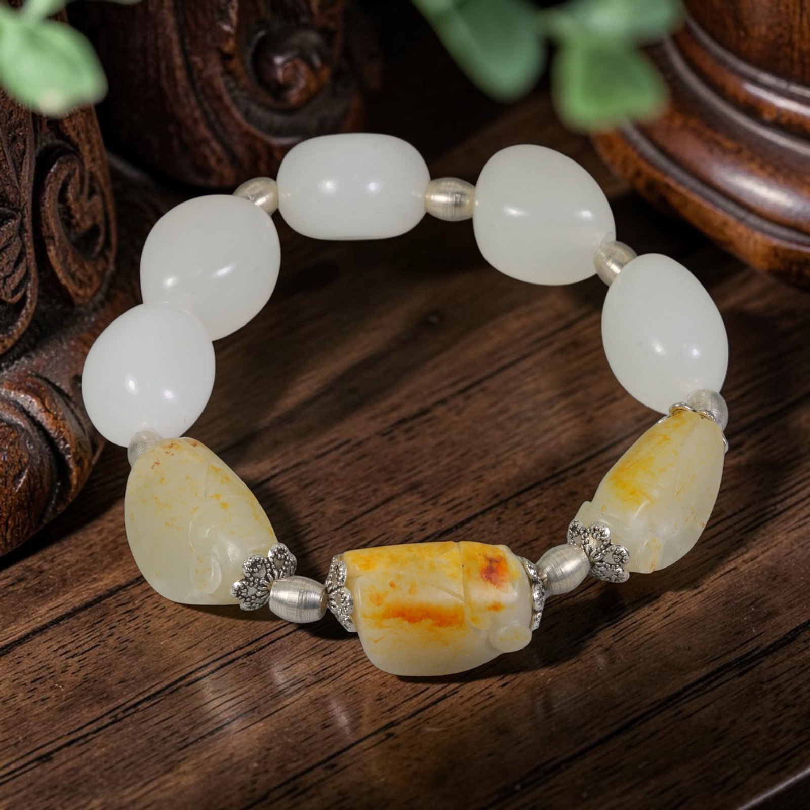 Chinese Hetian Nephrite Seed Pebble Mixed Carved & Uncarved Jade Beaded Bracelet, 75AR (1 of 1)